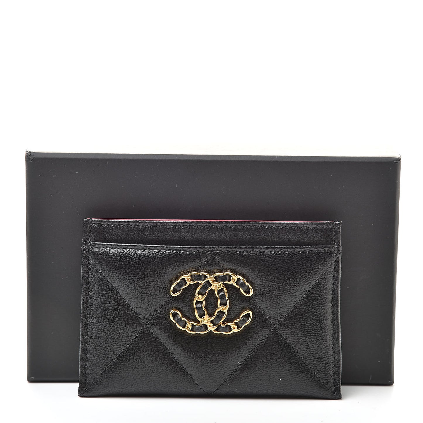 Shiny Goatskin Quilted Chanel 19 Card Holder Black