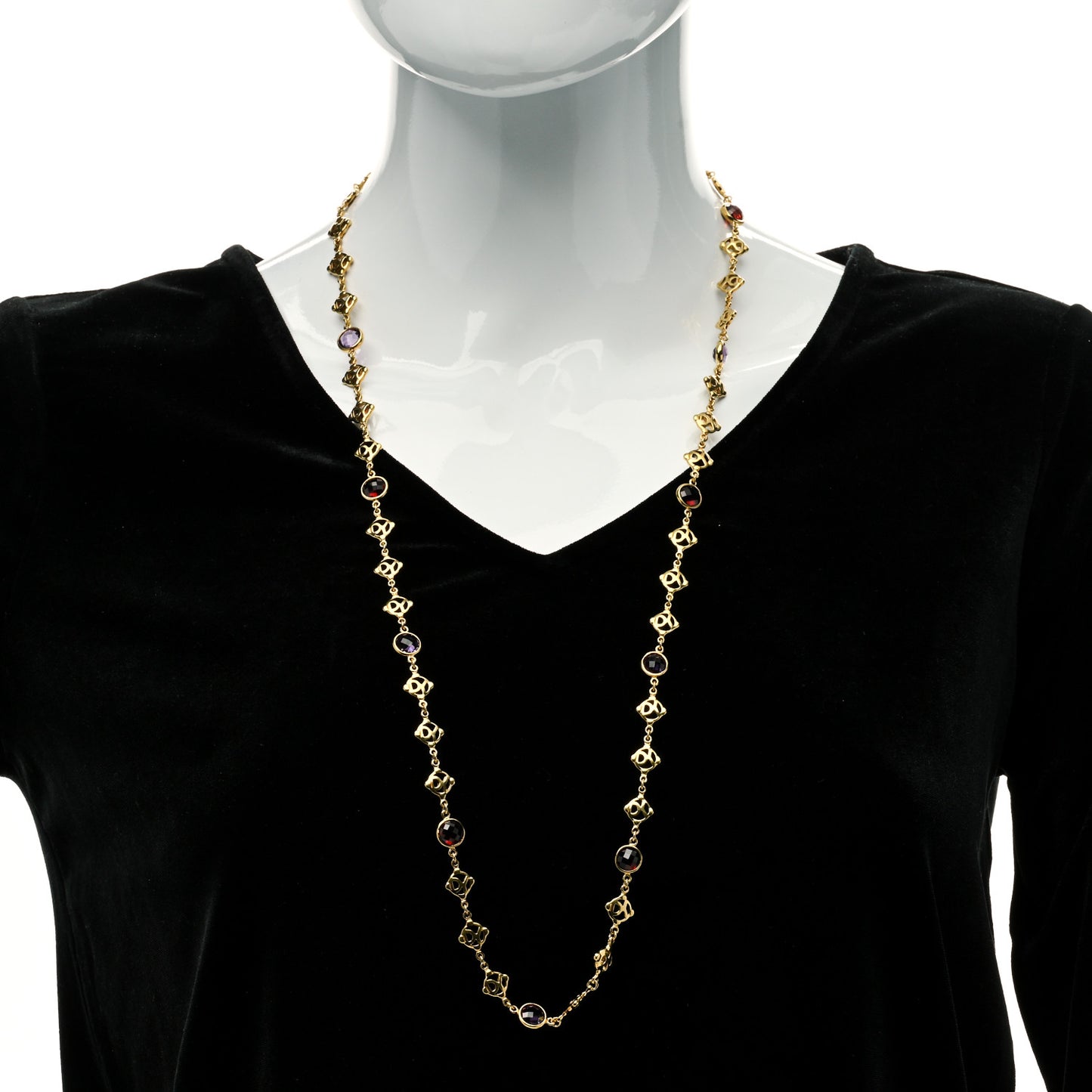 18K Yellow Gold Amethyst Garnet Logo Chain Necklace