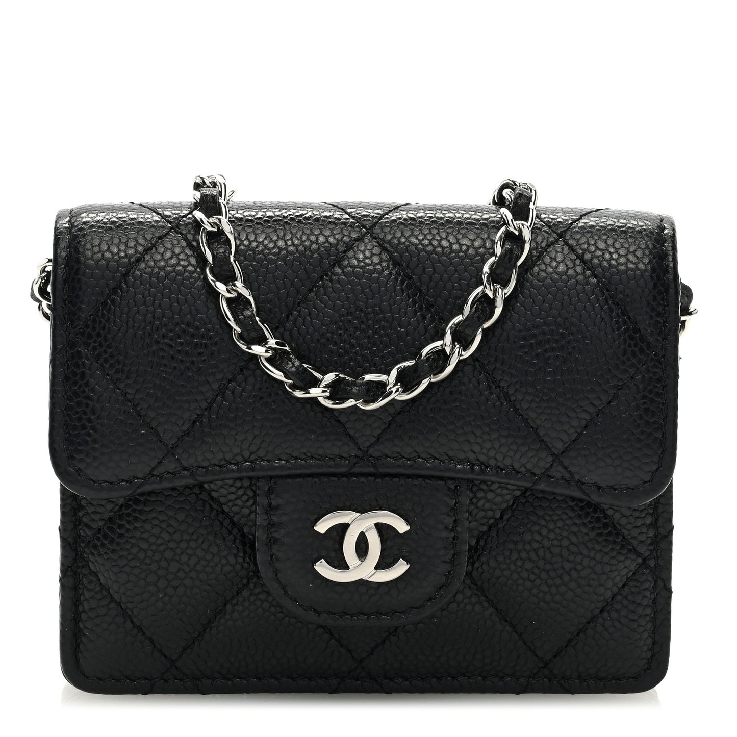 Caviar Quilted Flap Card Holder On Chain Black