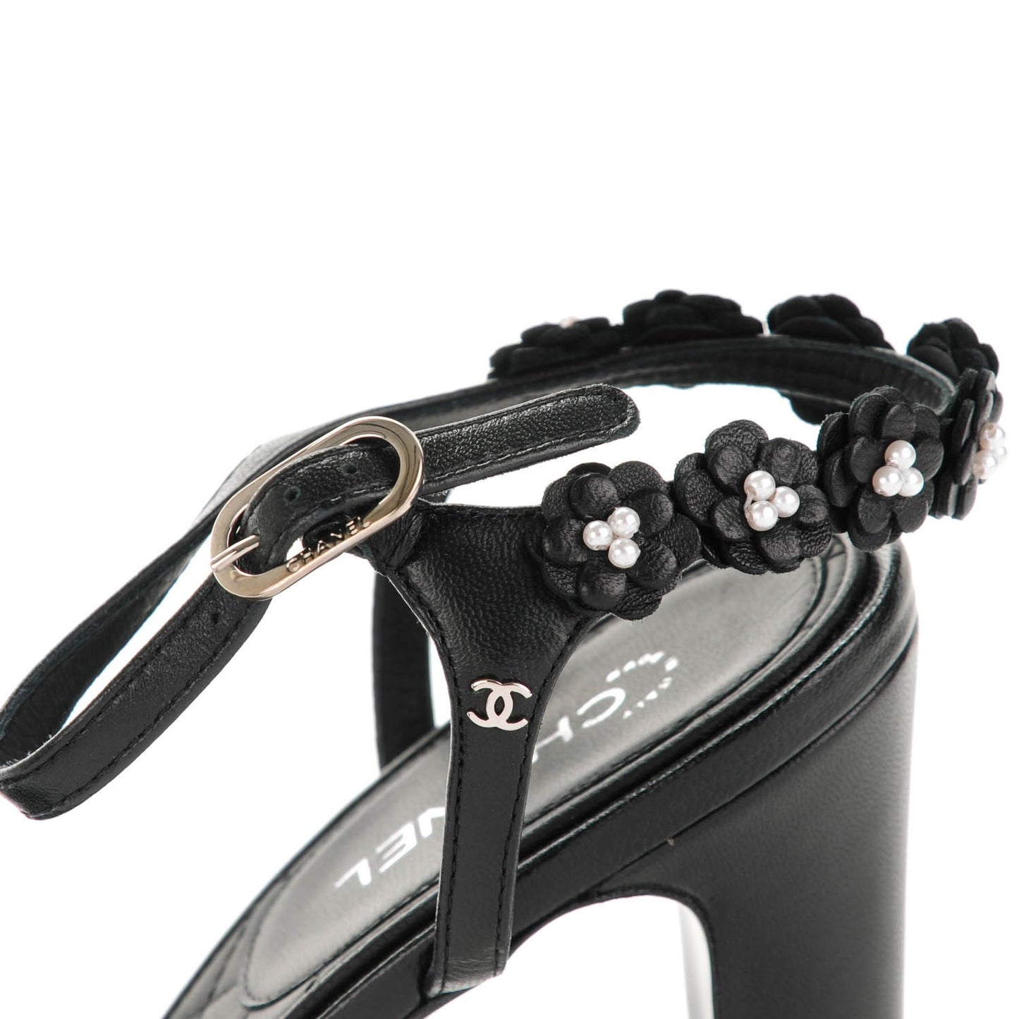 Lambskin Camellia Sandals 40 Black