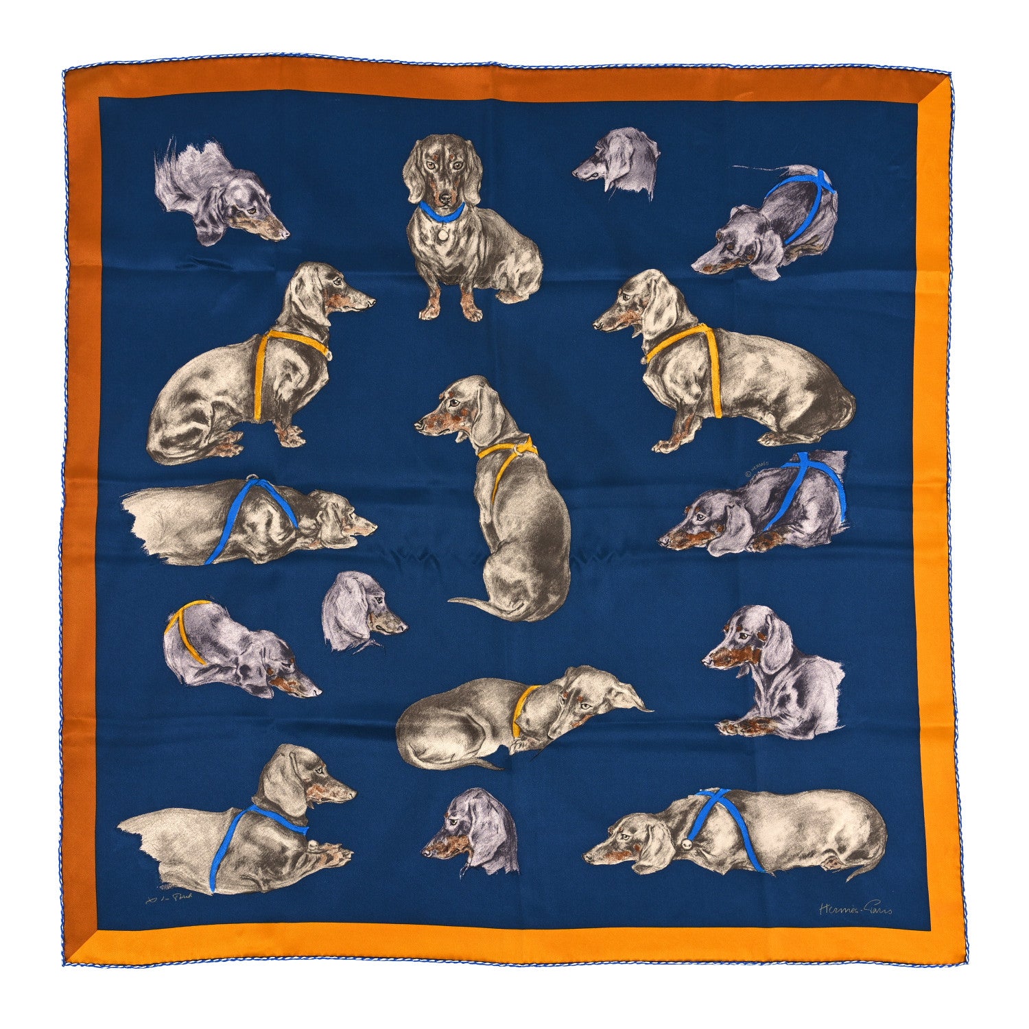 Hermes Silk Les Bassets Scarf 70 Marine Sepia 1 of 6