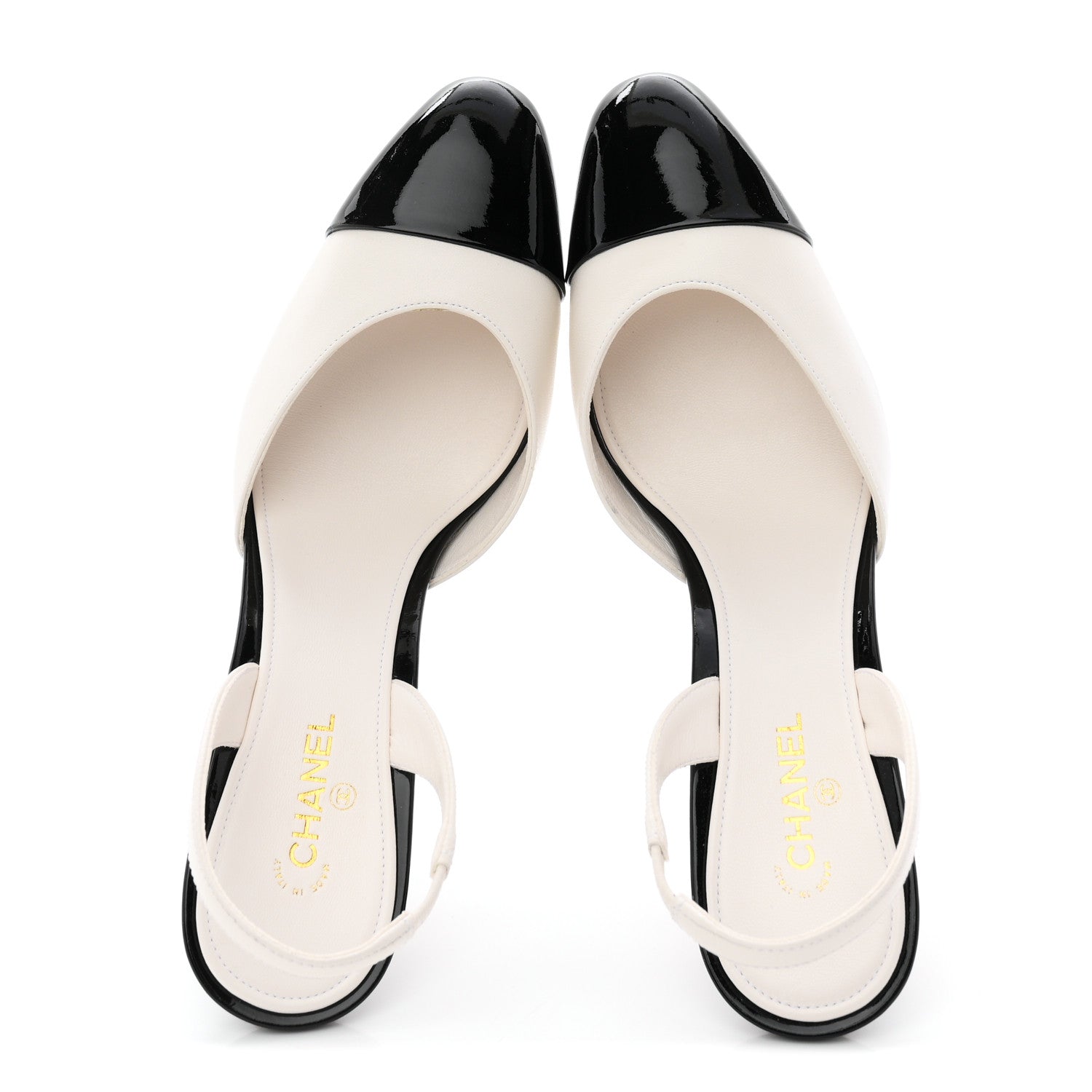 Chanel Lambskin Patent Calfskin Cap Toe CC Apple Slingback Pumps
