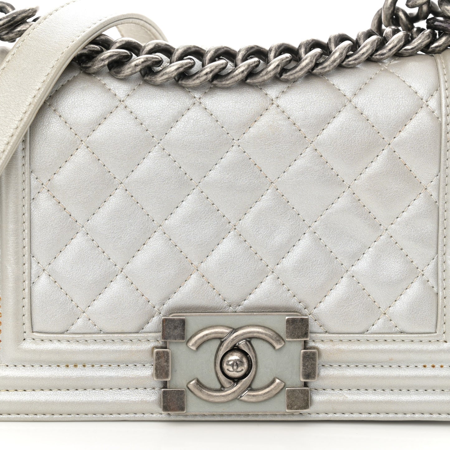 Metallic Lambskin Quilted Small Boy Flap Silver