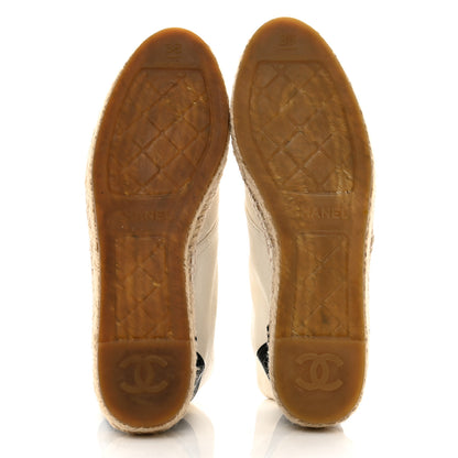 Chanel Lambskin Canvas Cap Toe Lace Up Espadrilles 38 Beige Black 5 of 9