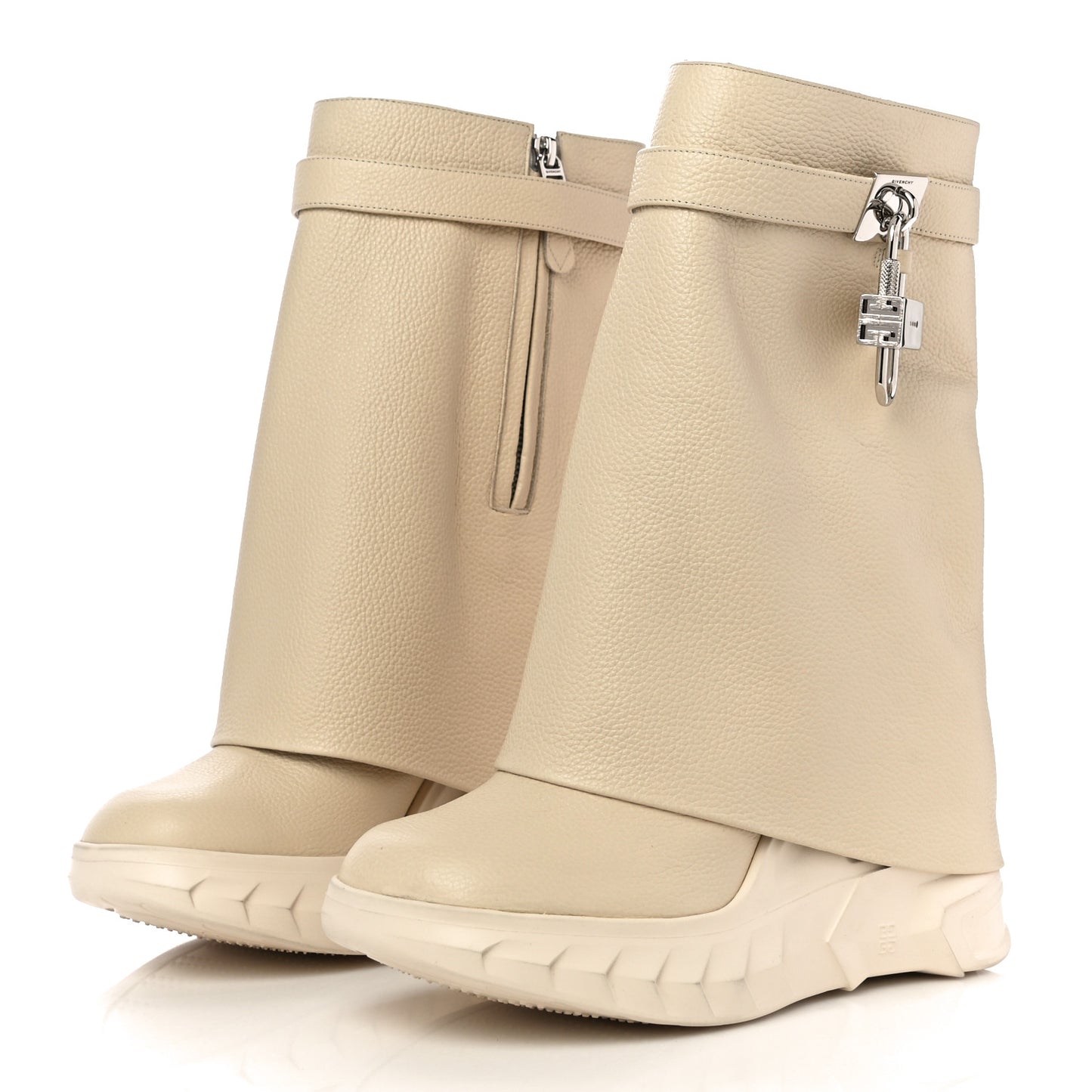 Grained Calfskin Shark Lock Biker Ankle Boots 40 Beige