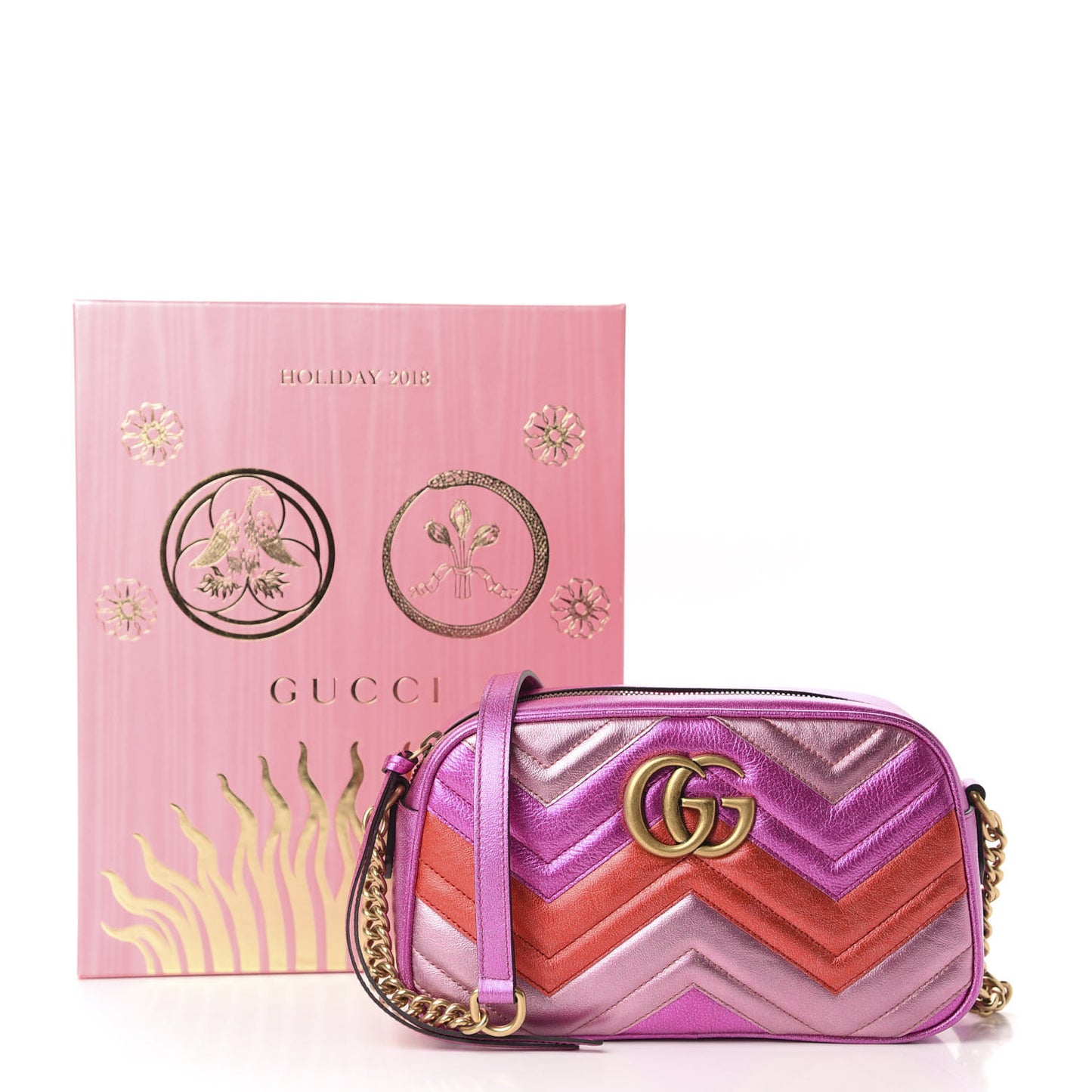 Laminated Nappa Matelasse Small GG Marmont Chain Shoulder Bag Fuxia Rosso Rosa