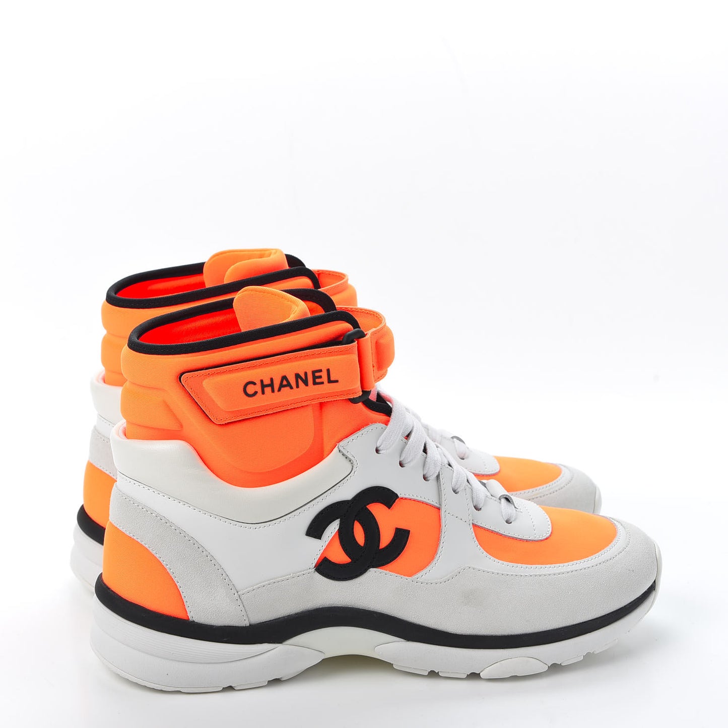 Suede Calfskin Lambskin Neoprene High Top CC Sneakers 40 White Fluo Orange
