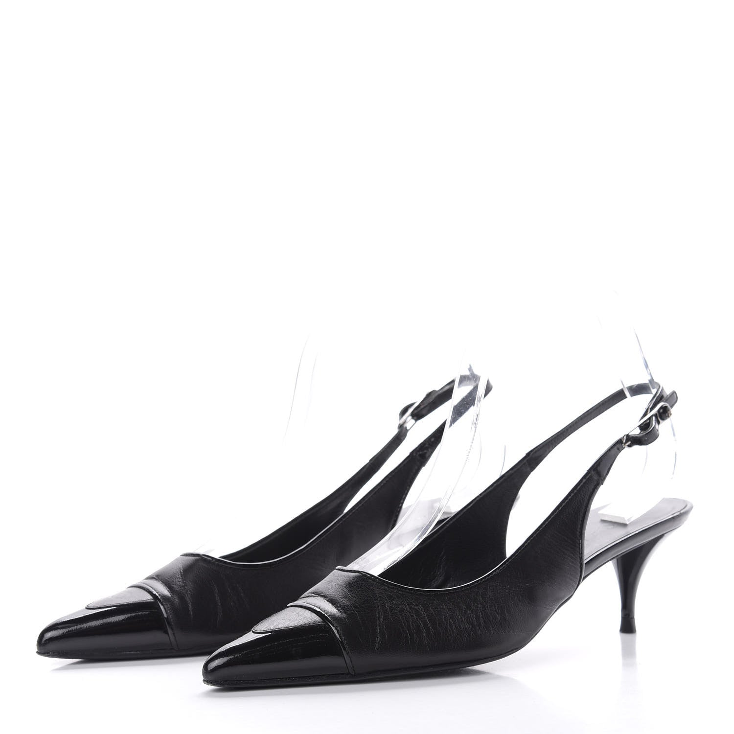 Chanel Lambskin Patent Cap Toe CC Slingback Heels 38.5 Black 3 of 8