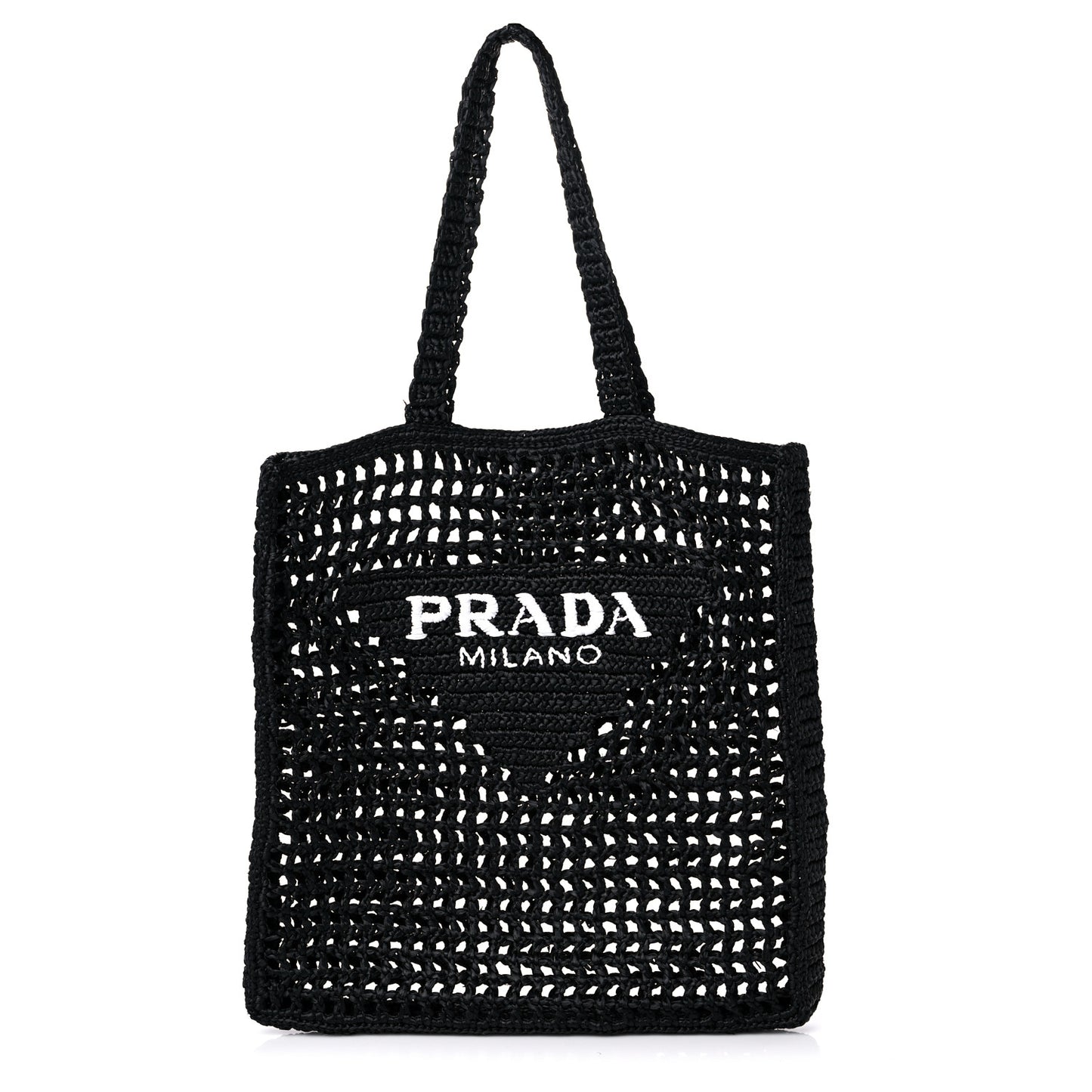 Yarn Raffia Effect Crochet Logo Embroidered Tote Bag Black
