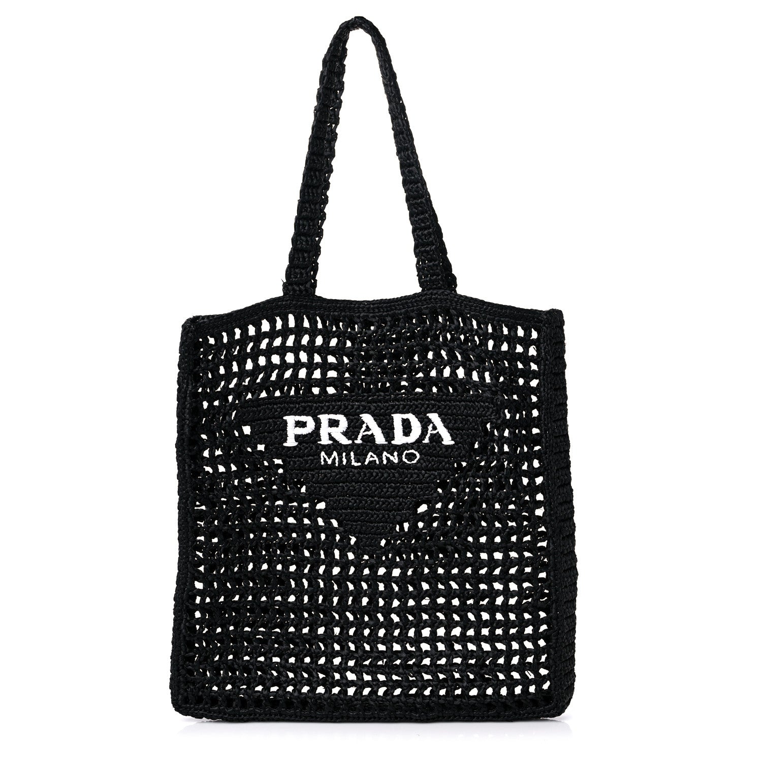 Prada Yarn Raffia Effect Crochet Logo Embroidered Tote Bag Black 1 of 7