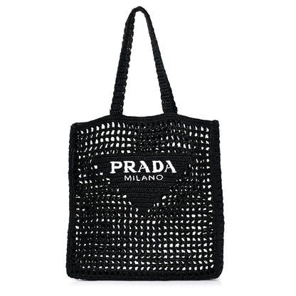 Prada Yarn Raffia Effect Crochet Logo Embroidered Tote Bag Black 1 of 7