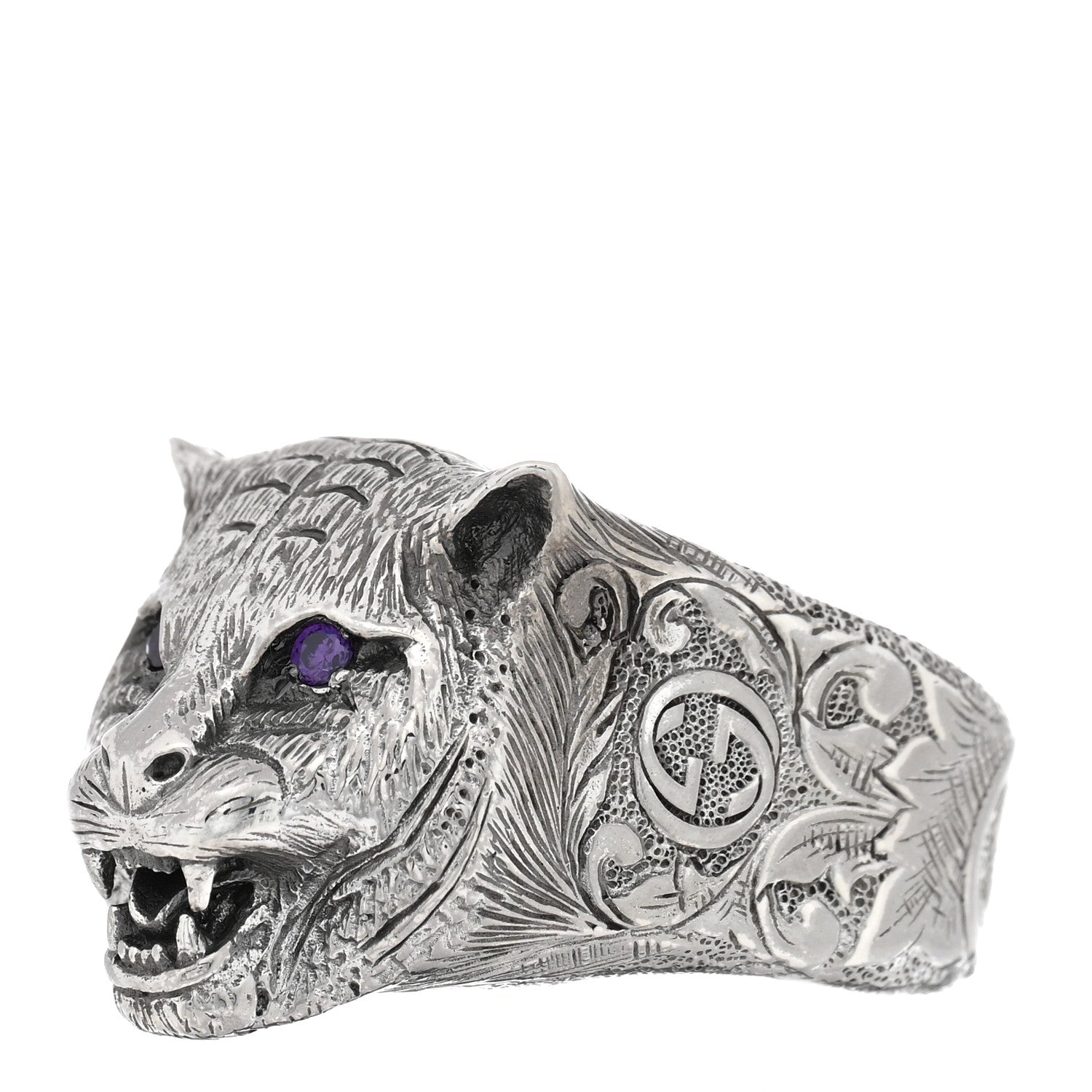 Gucci Sterling Silver Crystal Le Marche Des Merveilles Feline Head Ring 61 9.5 Purple 3 of 7