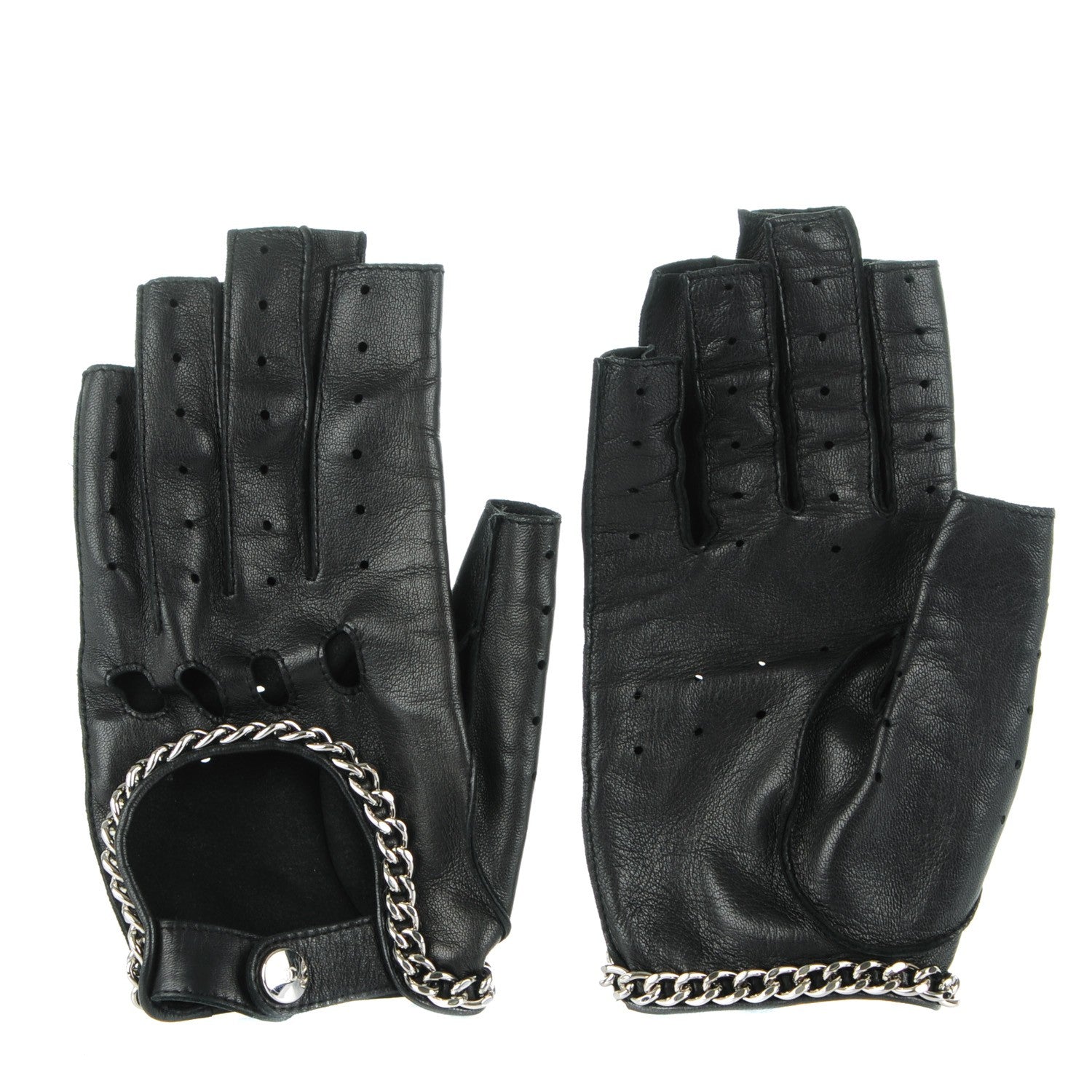 Chanel Lambskin Perforated Fingerless Chain CC Gloves 7.5 Black 1 of 10