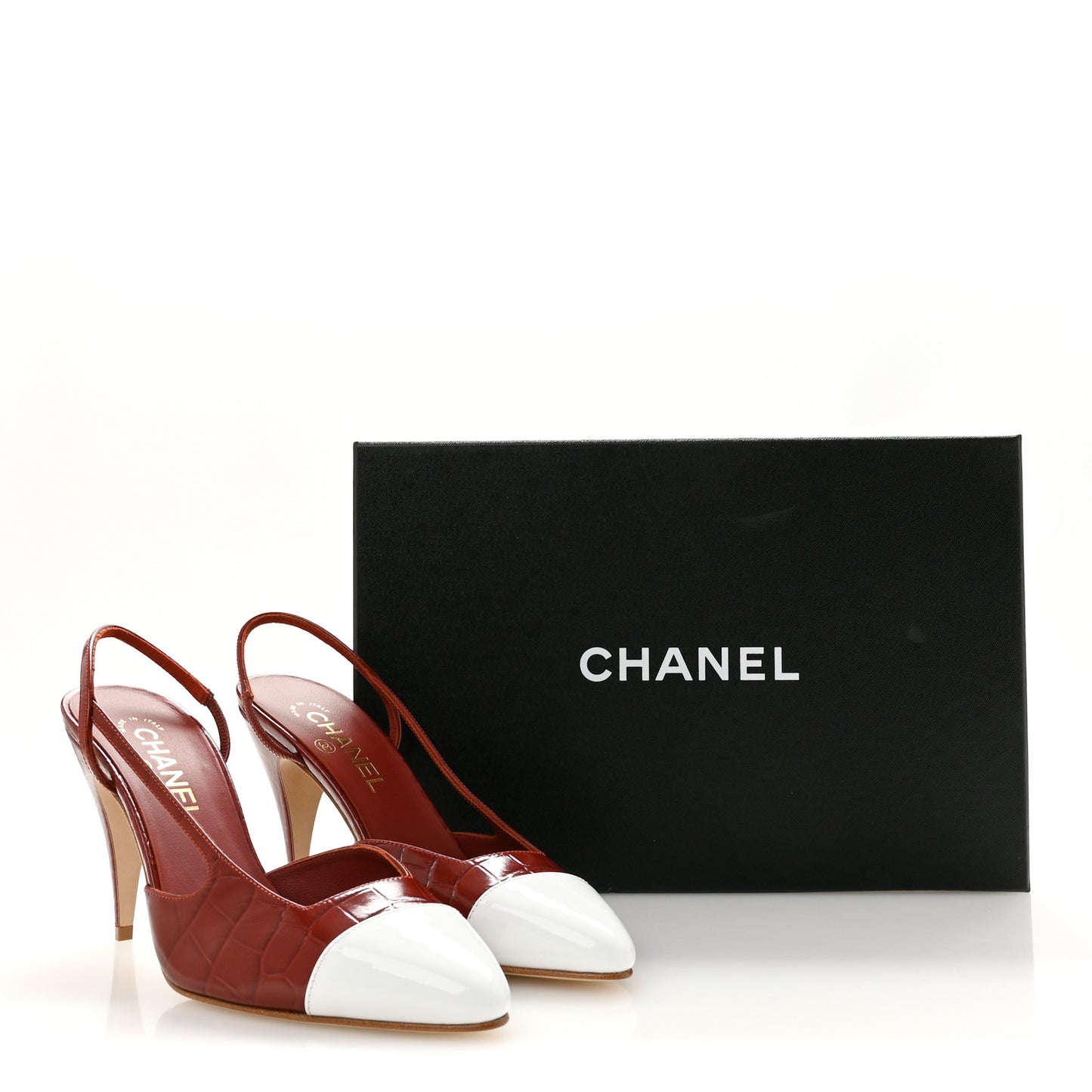 Calfskin Crocodile Embossed Patent Cap Toe Slingback Pumps 39 Dark Red White