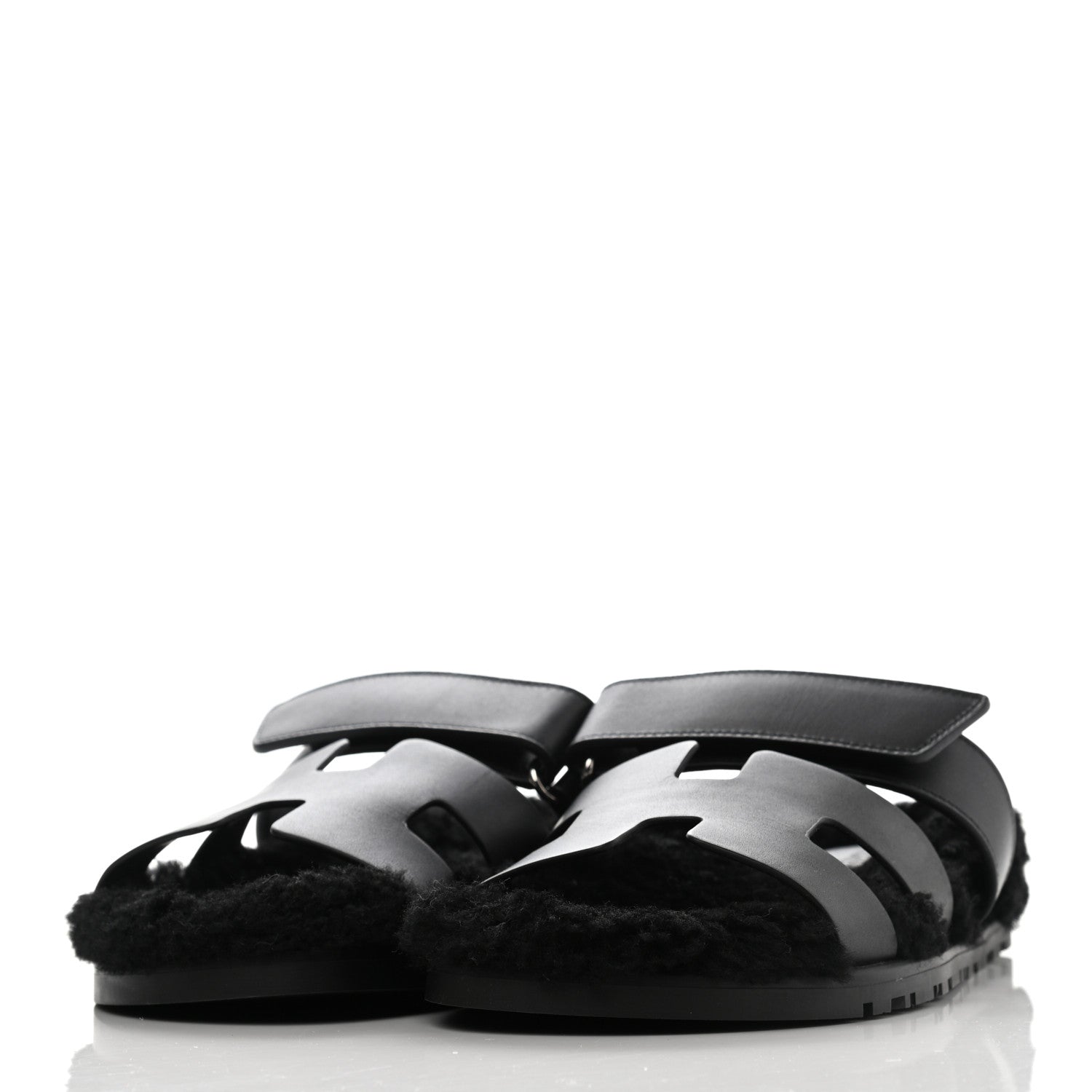 Hermes Calfskin Woolskin Womens Chypre Sandals 38.5 Black 3 of 8