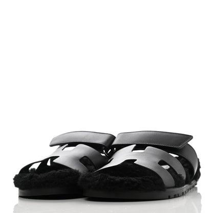 Hermes Calfskin Woolskin Womens Chypre Sandals 38.5 Black 3 of 8
