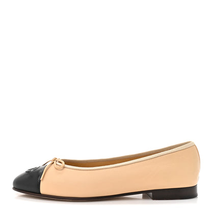 Chanel Lambskin Cap Toe CC Ballerina Flats 38 Beige Black 1 of 11