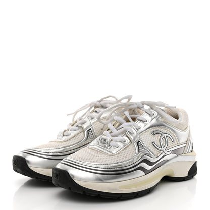 Chanel Fabric Laminated Calfskin Stretch CC Sneakers 36.5 White Silver 4 of 10