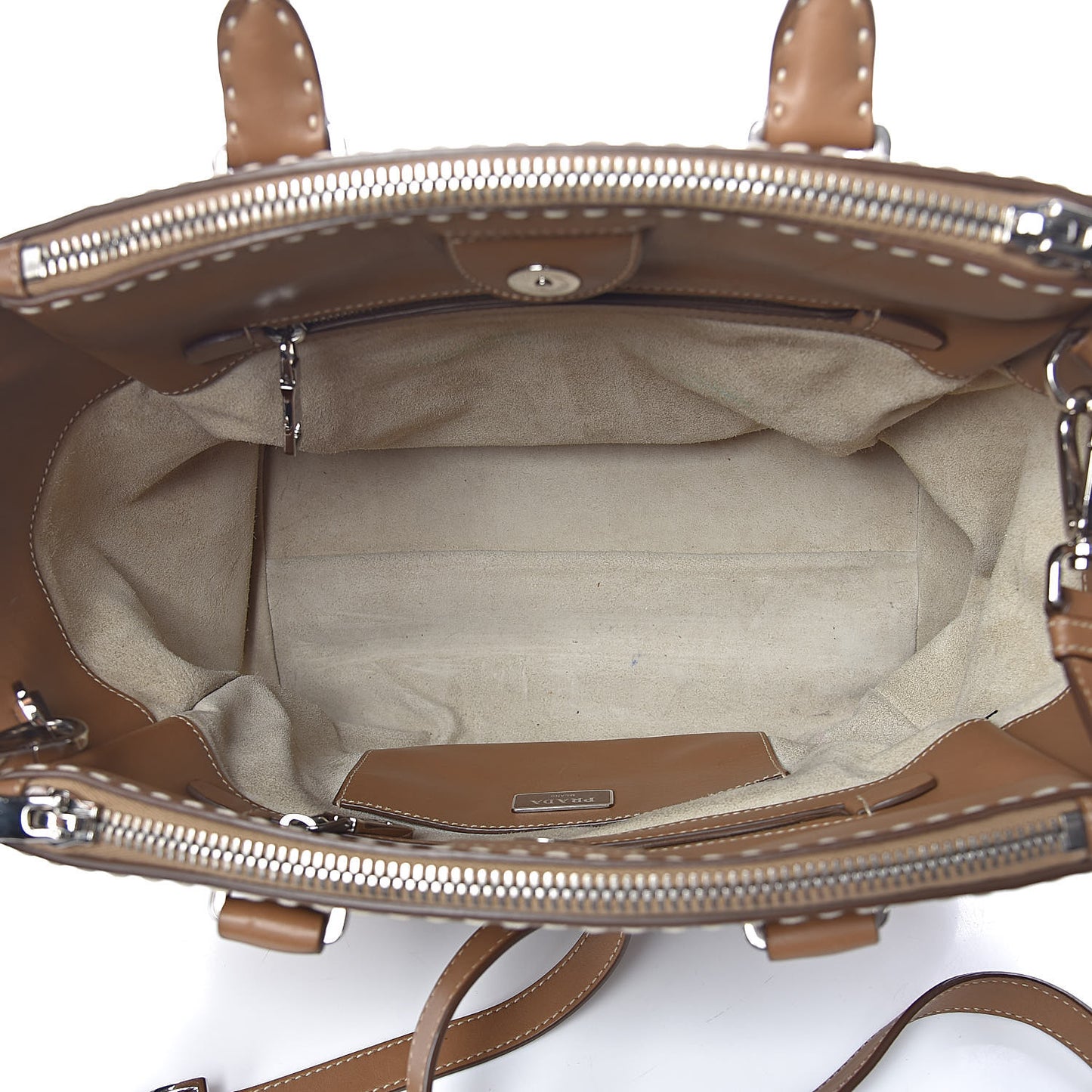 City Calf Small Hand Stitched Galleria Double Zip Tote Caramel
