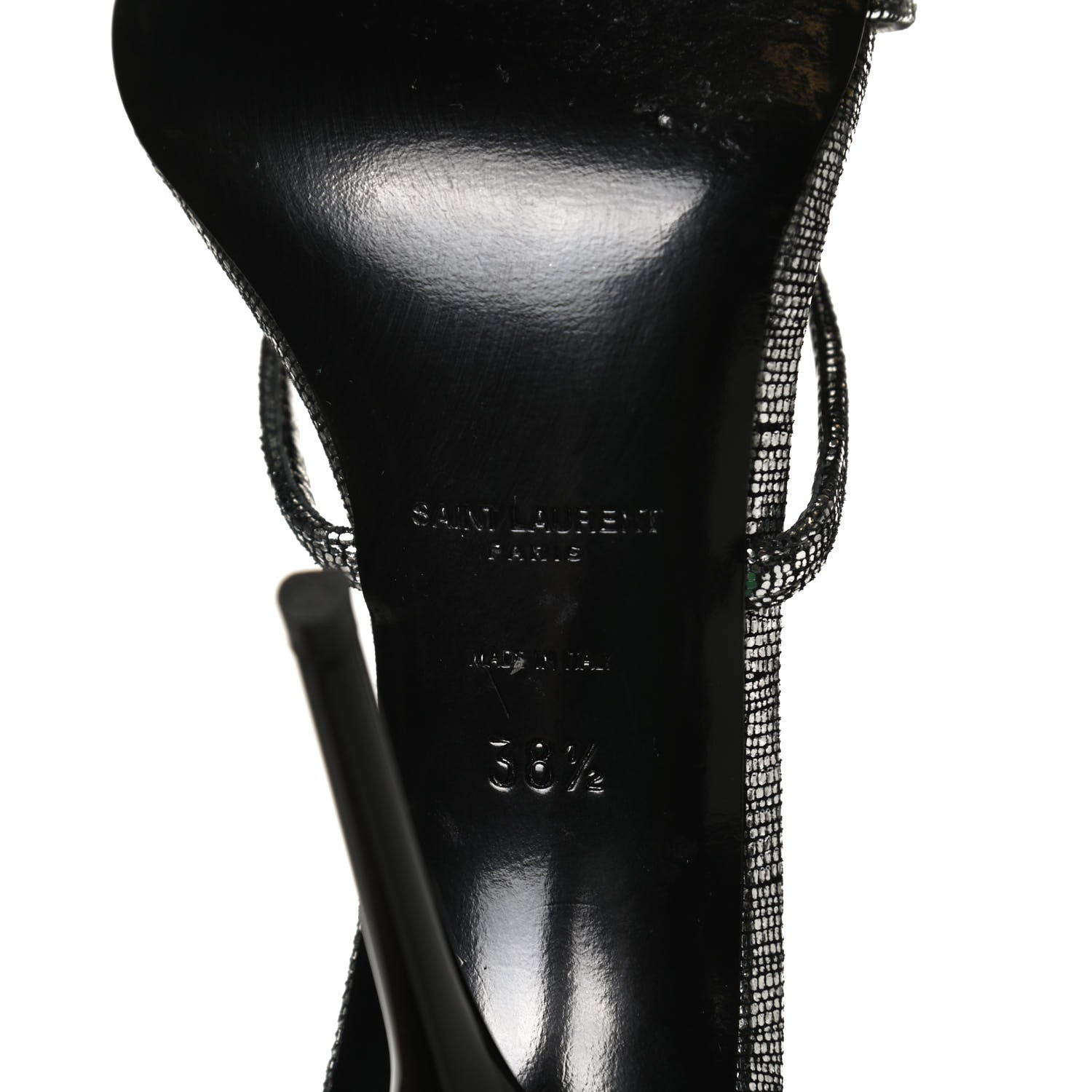 Saint Laurent Metallic Calfskin Cassandra 110 Ankle Strap Sandals 38.5 Argento 8 of 11