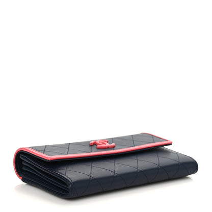 Chanel Lambskin Quilted Large Gusset Flap Wallet Navy Pink 4 of 9