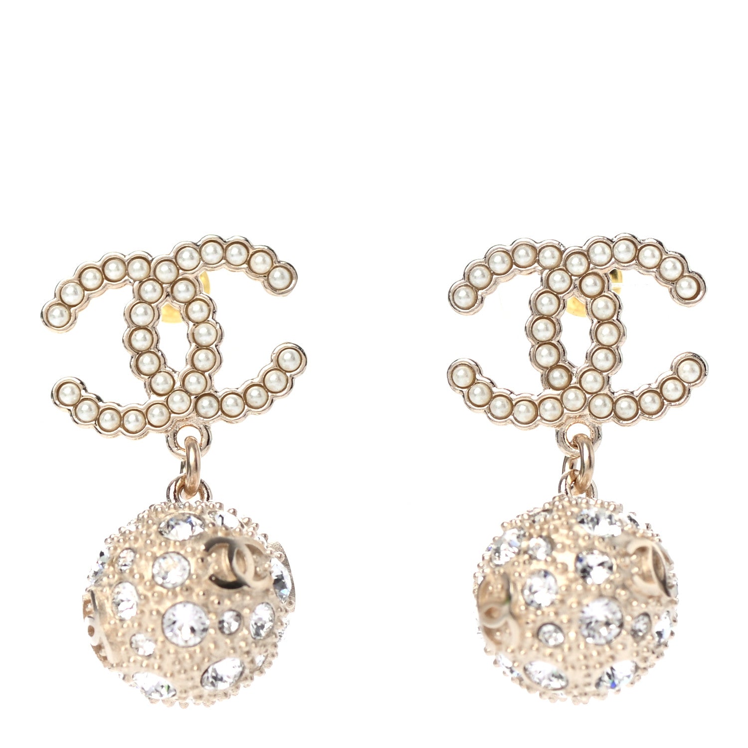 Chanel Crystal Pearl CC Drop Earrings Gold Pearly White 1 of 4