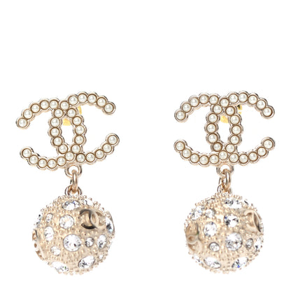 Chanel Crystal Pearl CC Drop Earrings Gold Pearly White 1 of 4