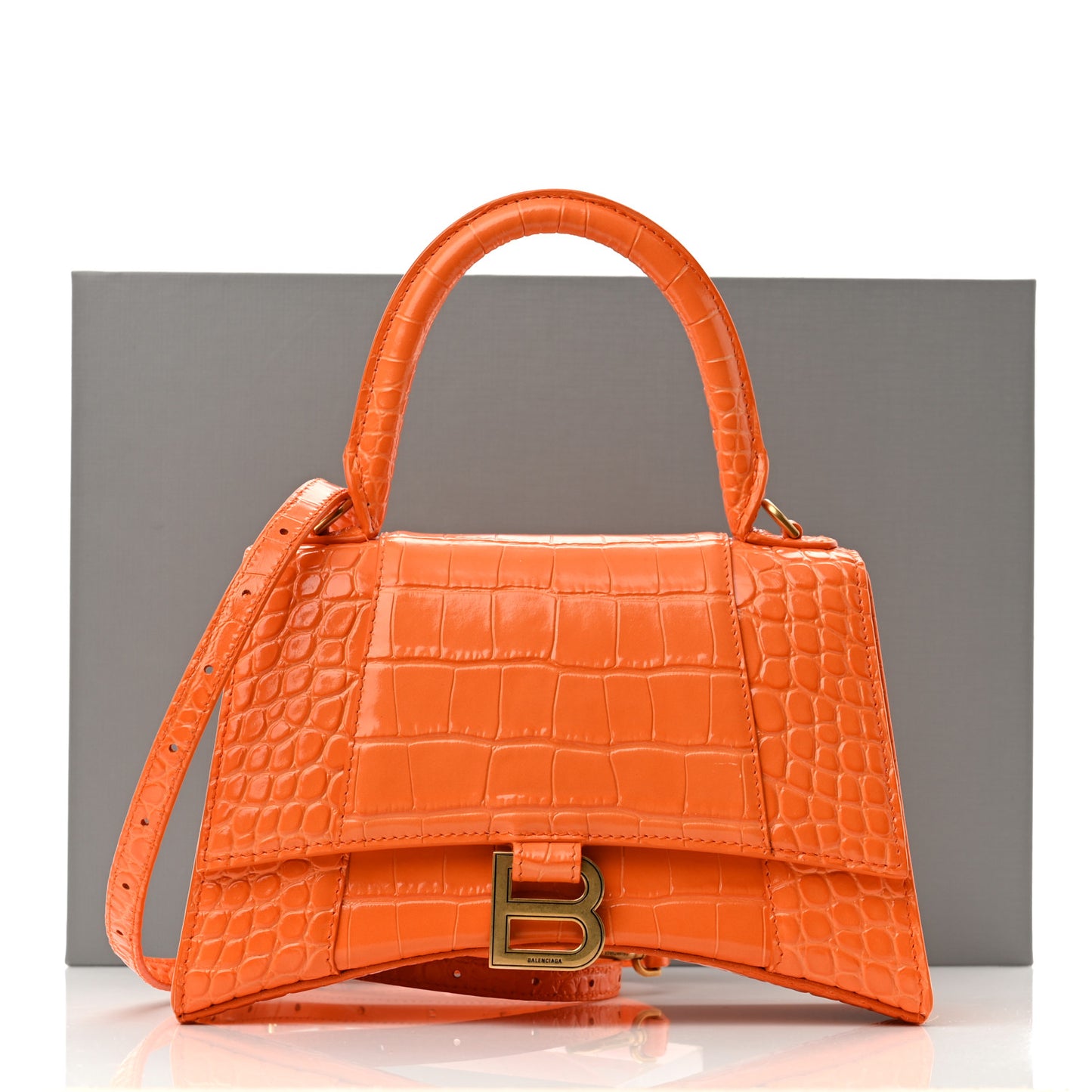 Shiny Calfskin Crocodile Embossed Small Hourglass Top Handle Bag Orange