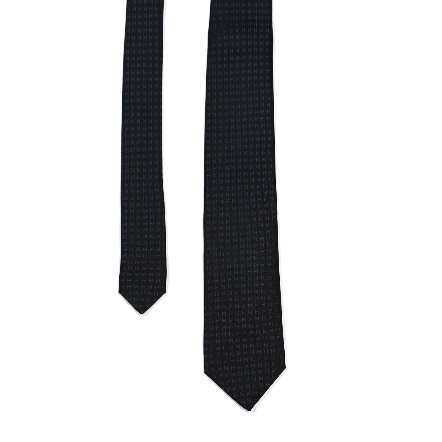 Hermes Woven Silk H Bi-Color Mens Neck Tie Black Marine 1 of 4