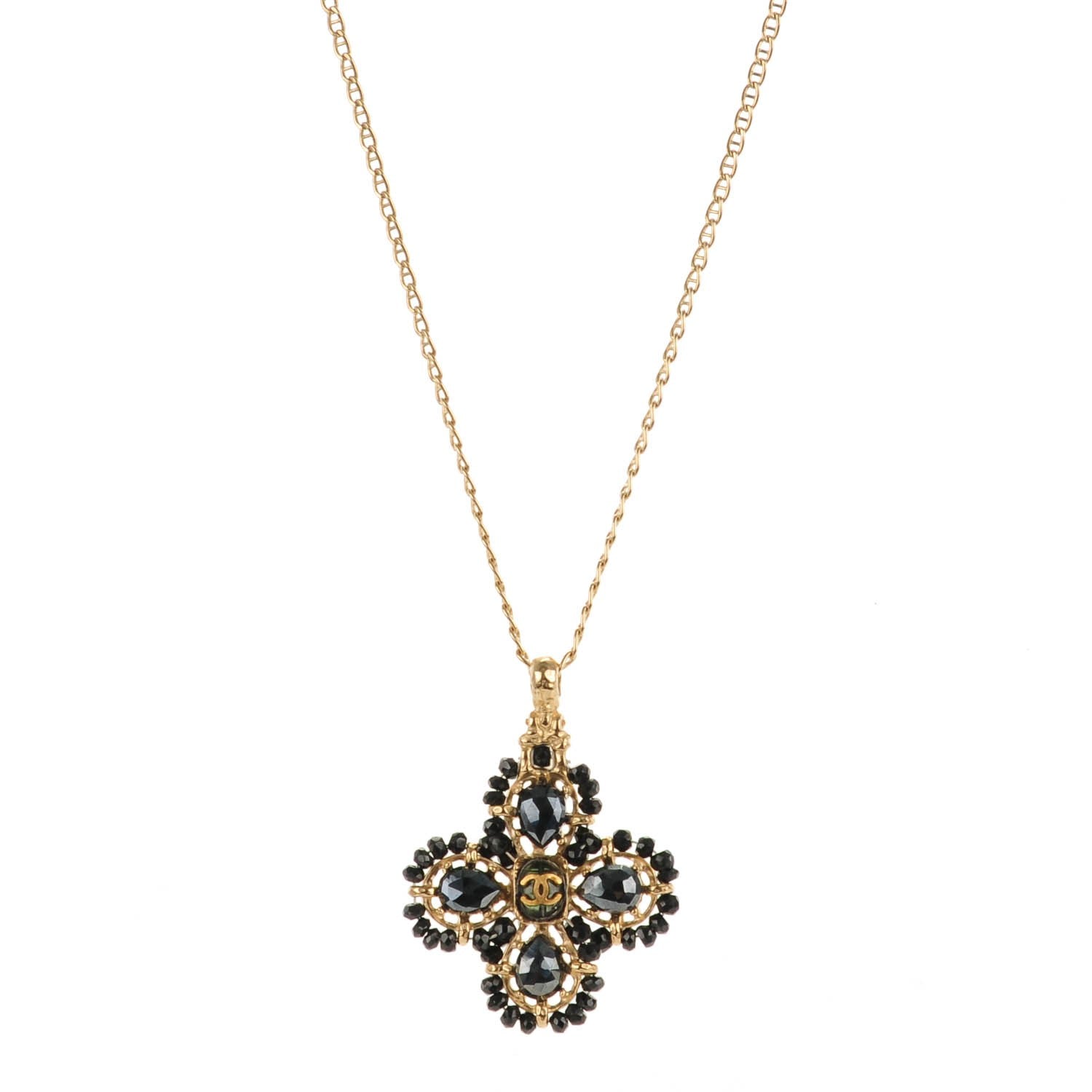 Chanel Crystal Bead CC Pendant Necklace Black Gold 1 of 4
