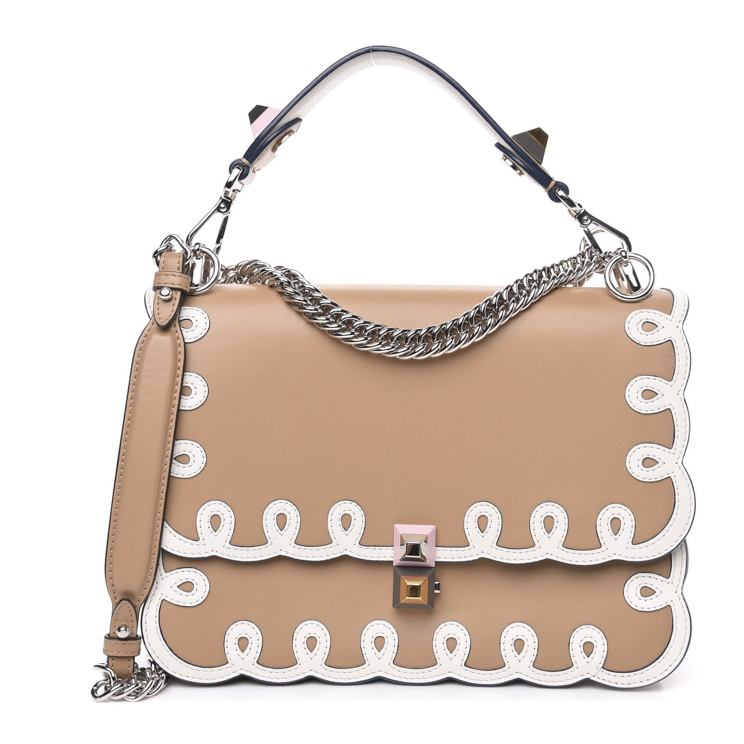 Fendi Vitello Liberty Dolce Scalloped Studded Scrollwork Kan I Shoulder Bag Cuoio White 1 of 9
