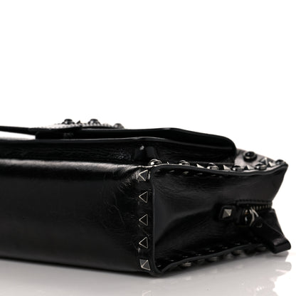 Valentino Garavani Craquele Calfskin Small Guitar Strap Rockstud Rolling Flap Pocket Shoulder Bag Black 4 of 9