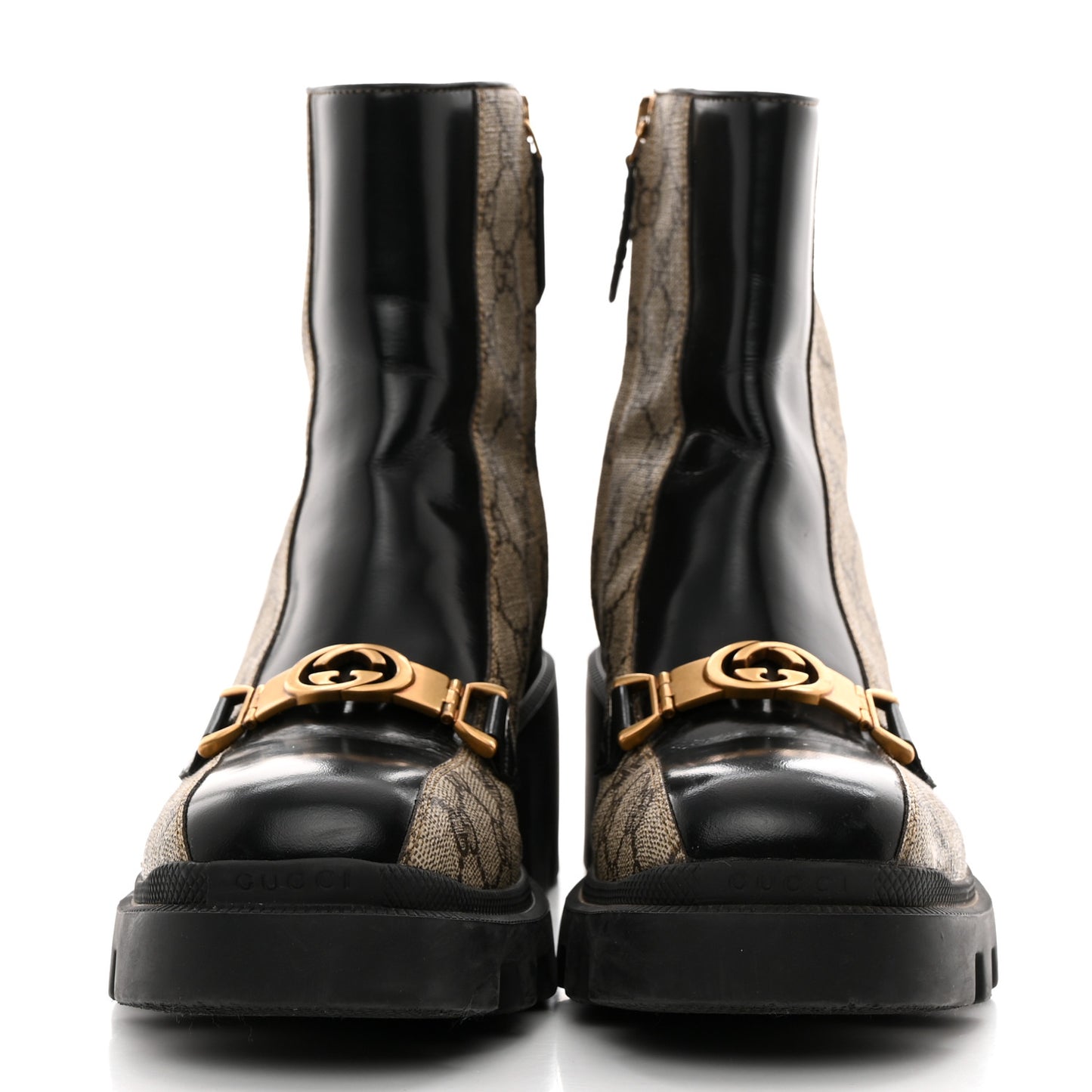 GG Supreme Monogram Magnum Calfskin Interlocking G Womens Lug Sole Ankle Boots 39 Beige Ebony Black