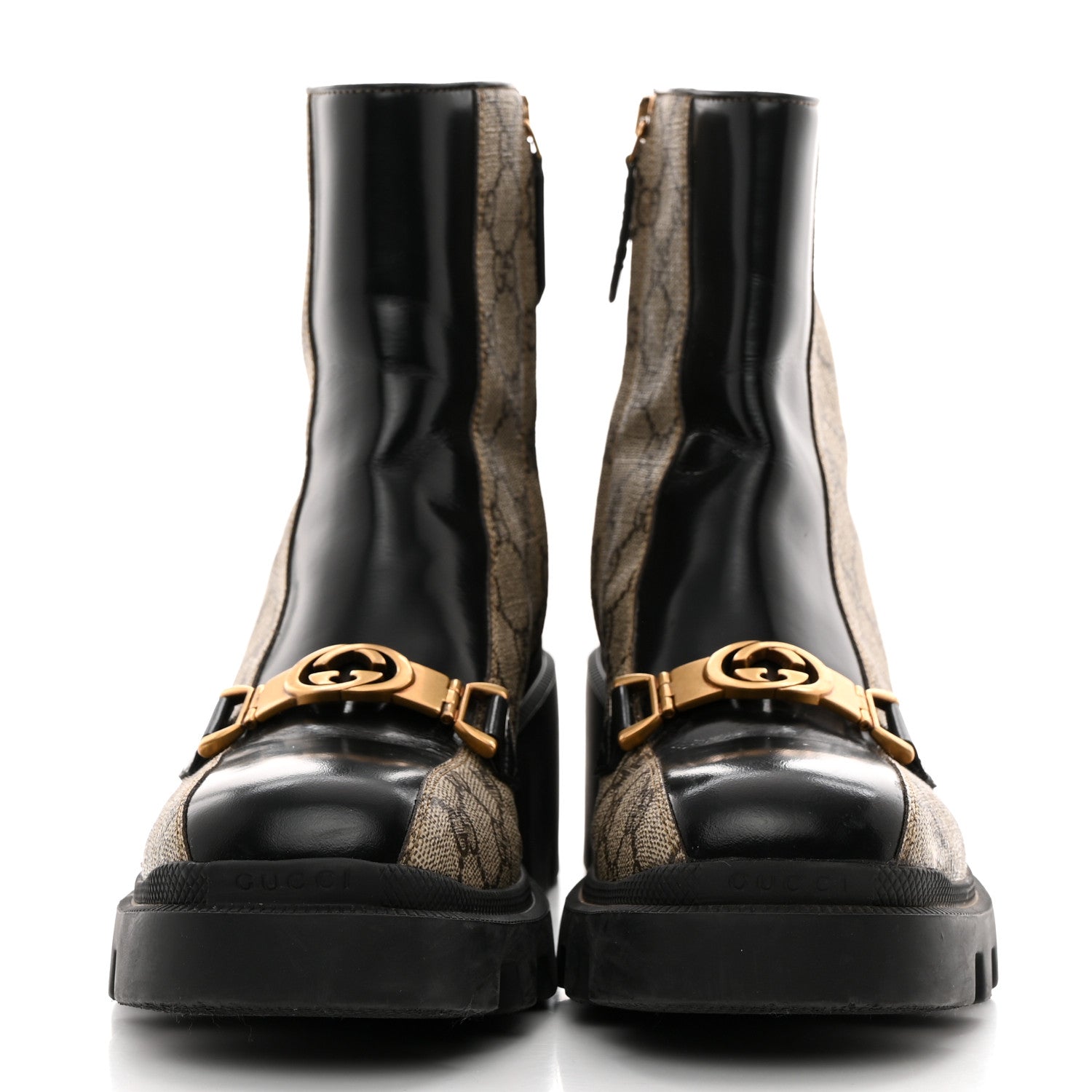 Gucci GG Supreme Monogram Magnum Calfskin Interlocking G Womens Lug Sole Ankle Boots 39 Beige Ebony Black 2 of 9