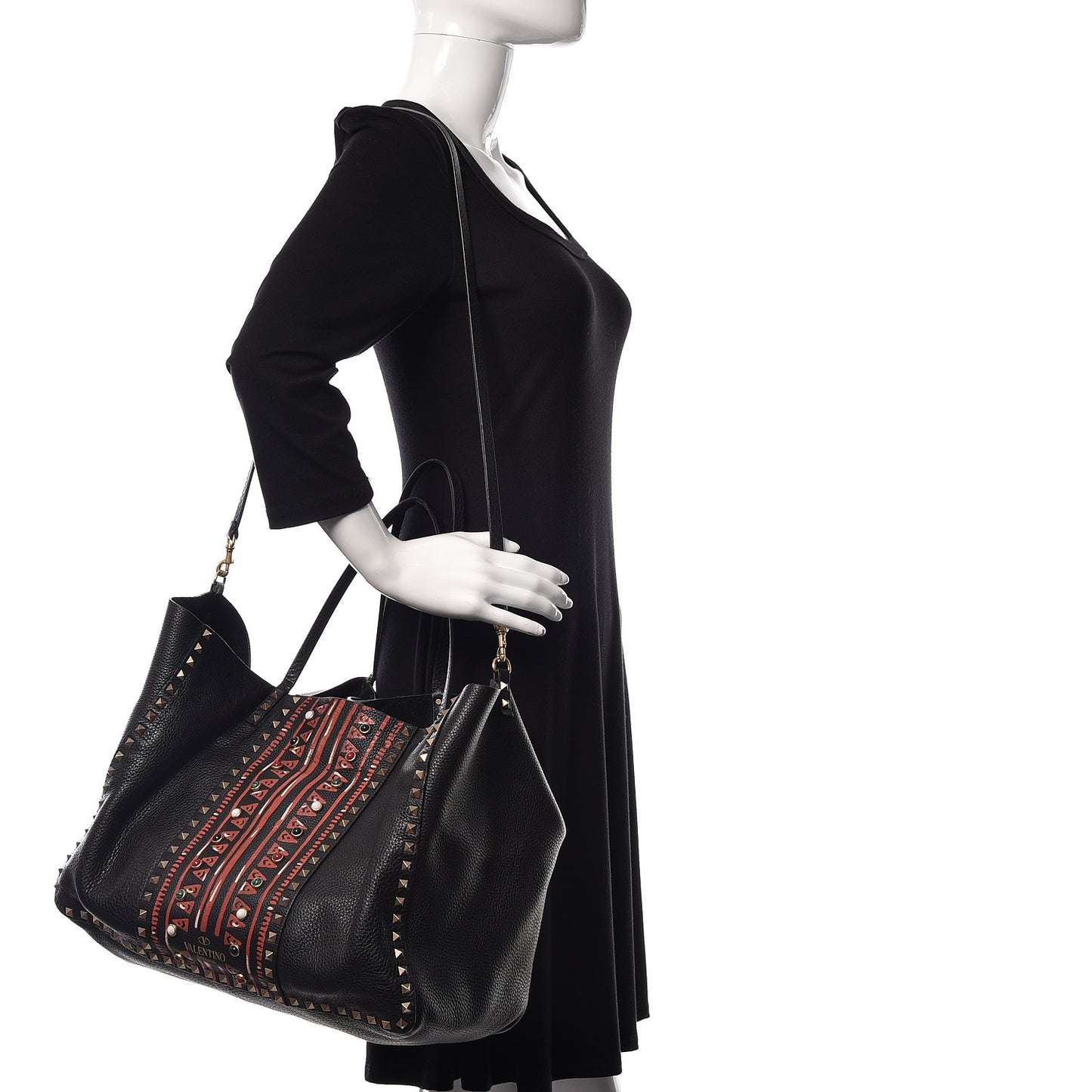 Grained Calfskin Tribal Large Rockstud Rolling Crossbody Tote Black