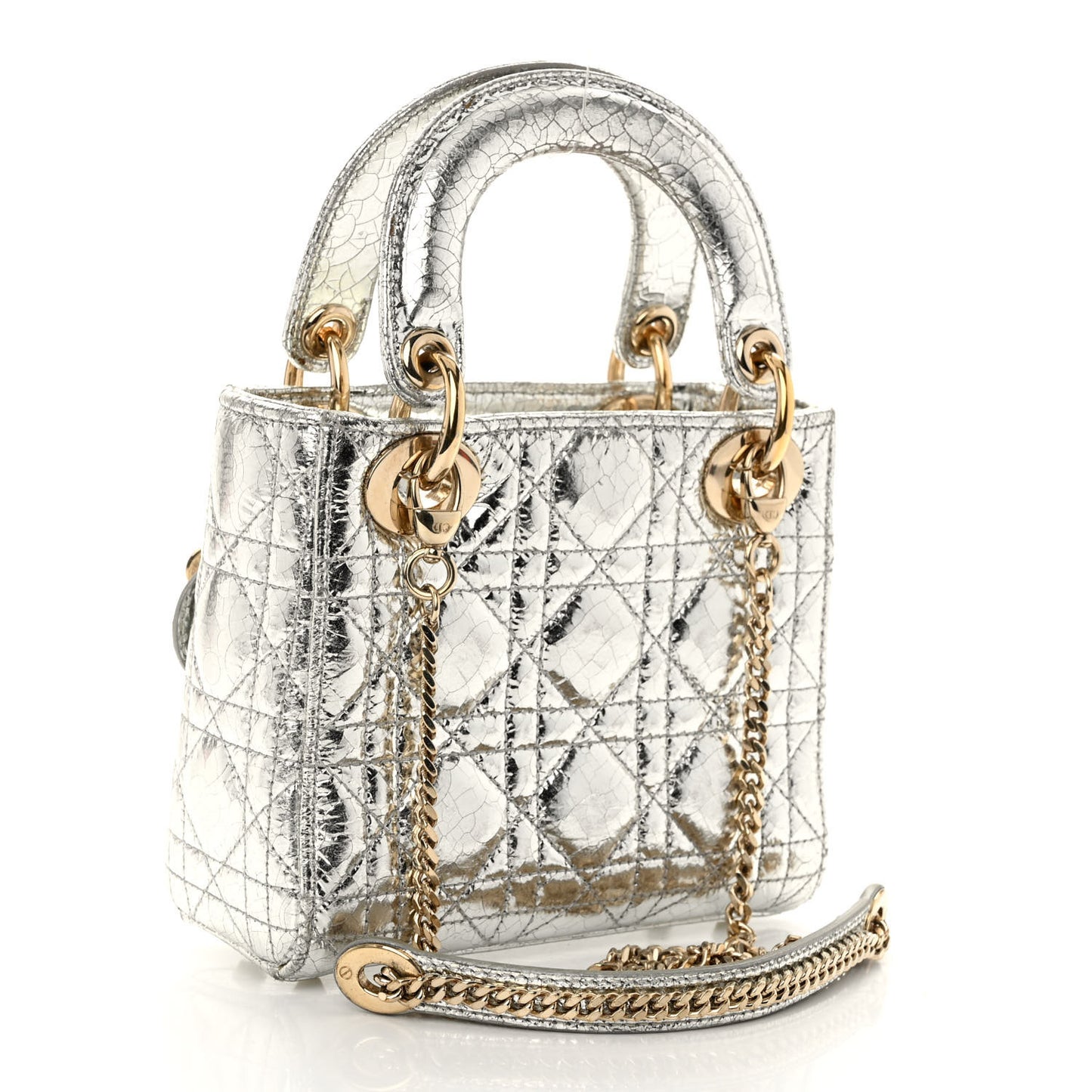 Metallic Crinkled Cannage Micro Lady Dior Silver