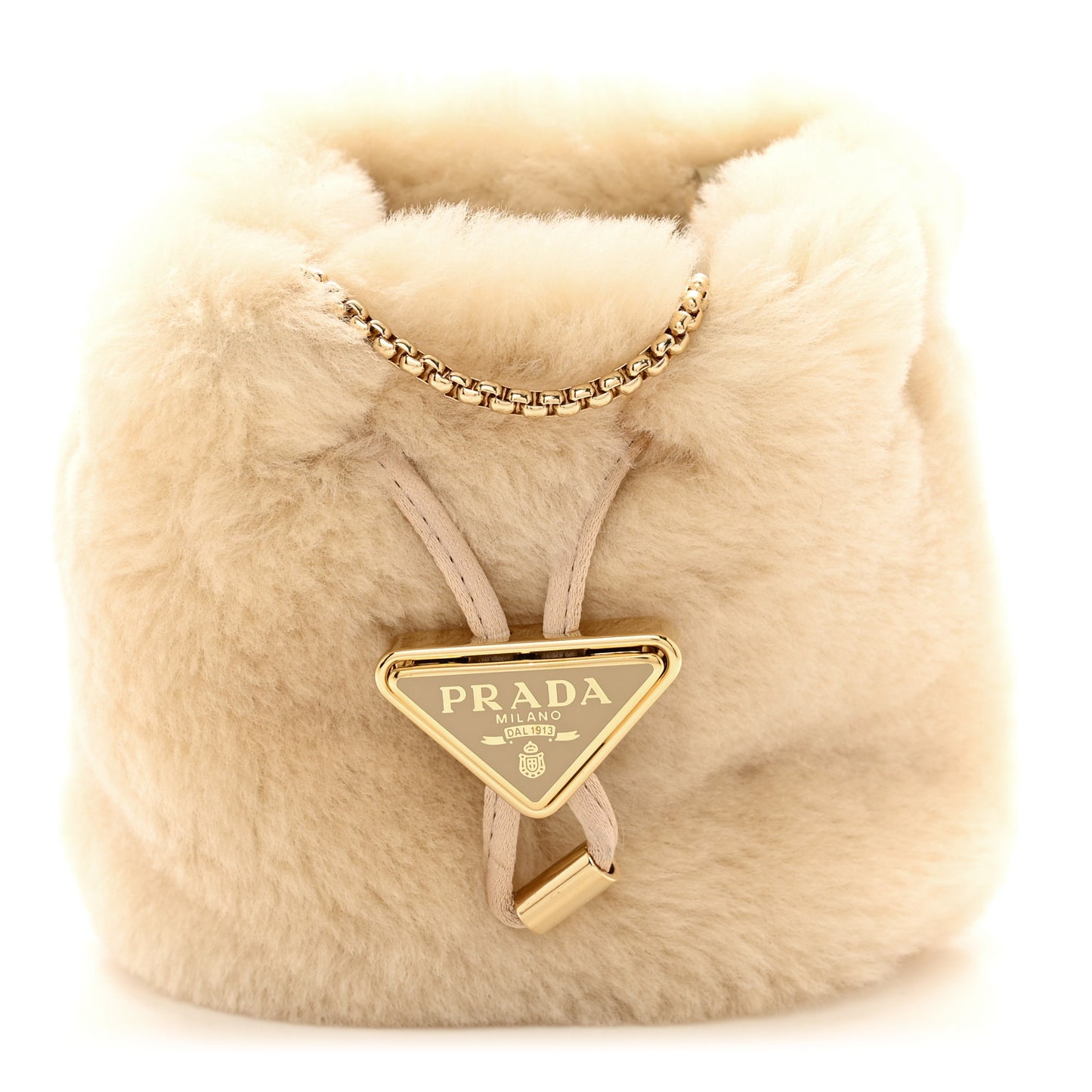 Shearling Metal Triangle Logo Mini Drawcord Pouch Shoulder Bag Ecru