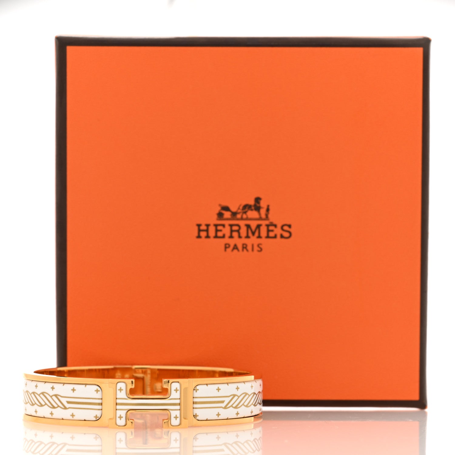 Hermes Enamel Printed Quadrige Au Fil Narrow Clic Clac H Bracelet PM Orfevre Jaune Or Blanc 5 of 5