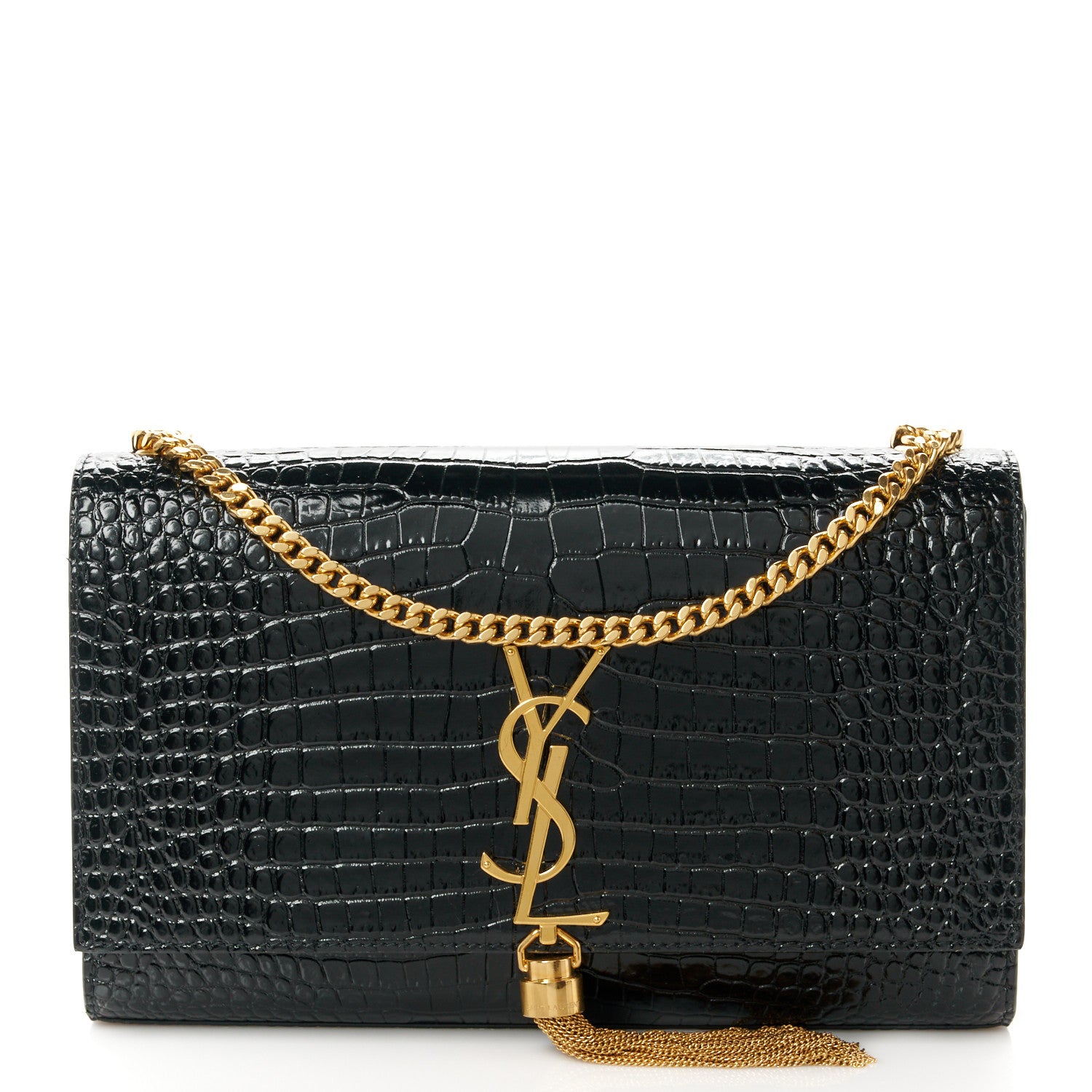 Saint Laurent Calfskin Crocodile Embossed Medium Classic Monogram Kate Tassel Satchel Black 1 of 12