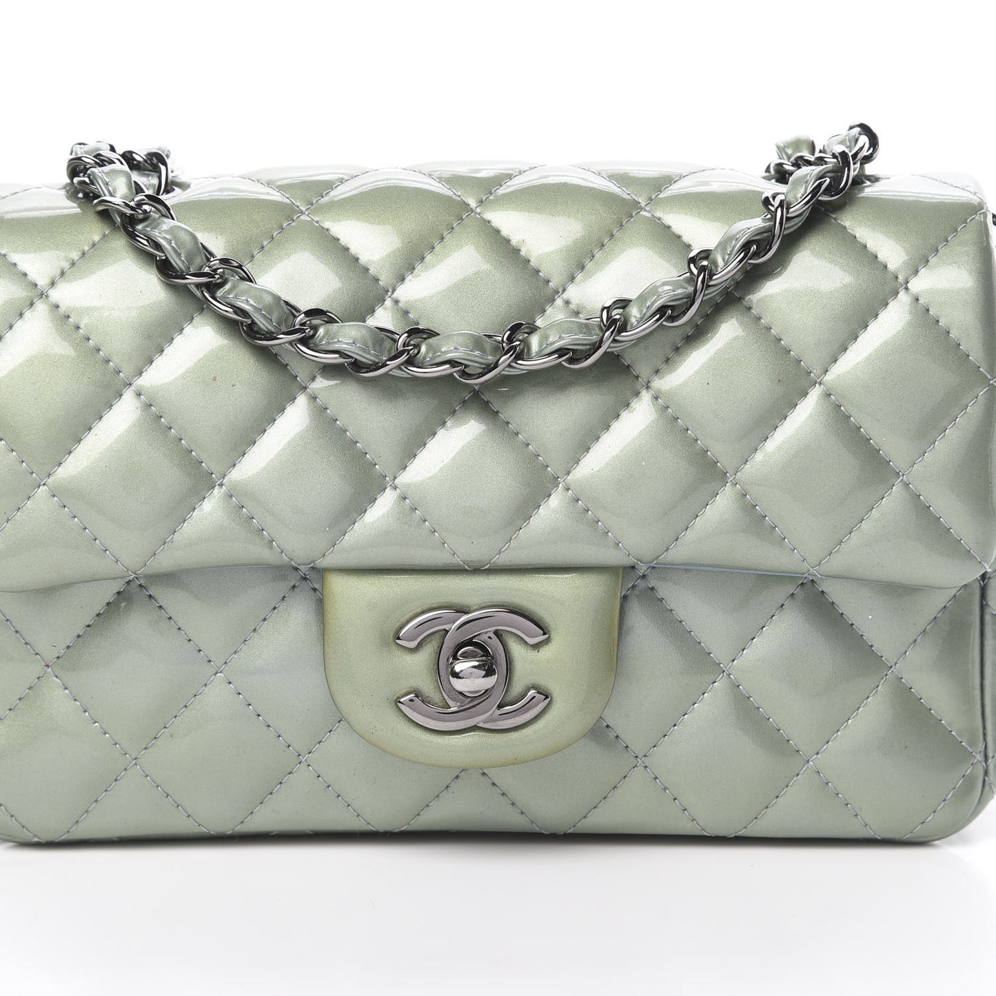 Patent Calfskin Quilted Mini Rectangular Flap Light Blue