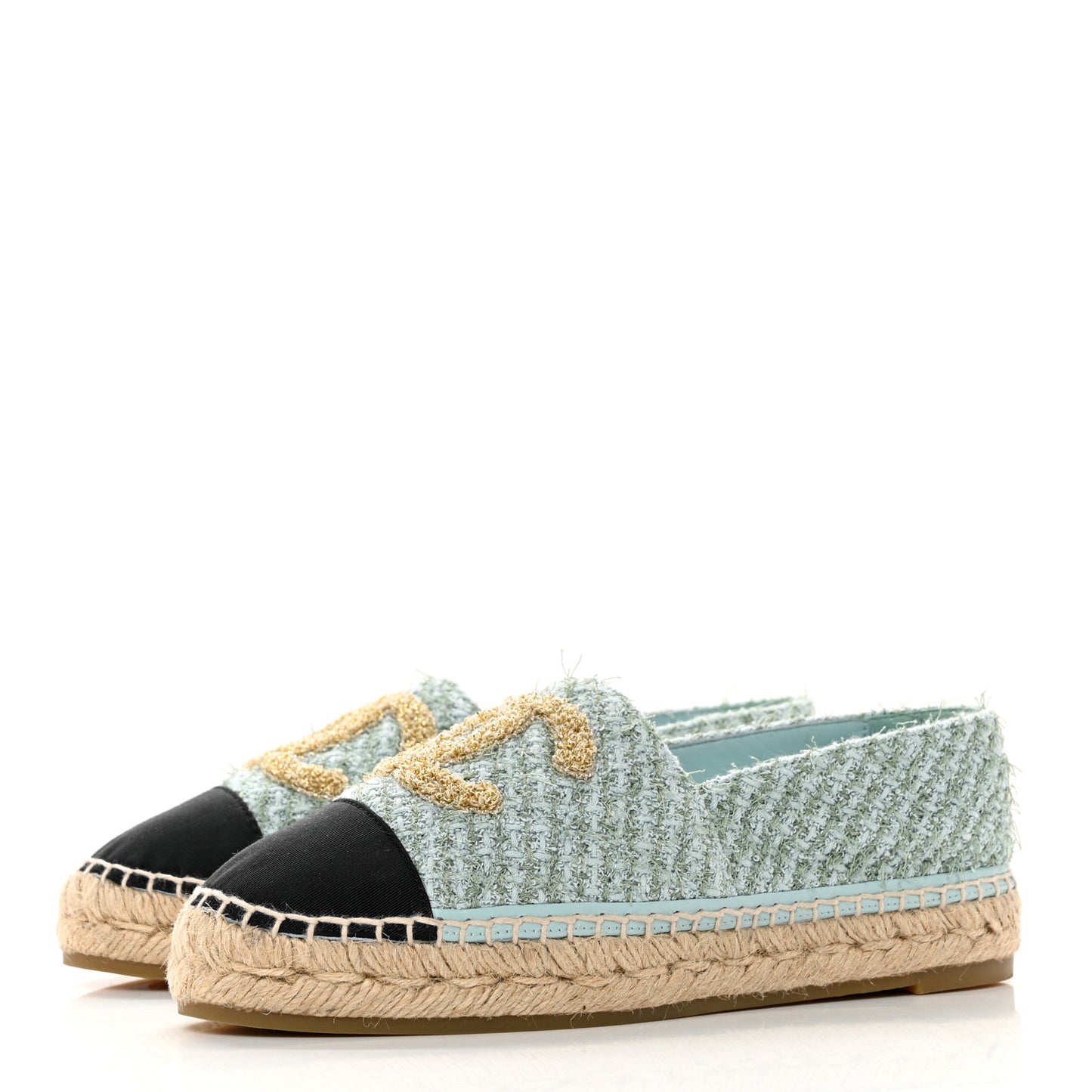 Tweed Grosgrain CC Espadrilles 37 Light Blue Green Black
