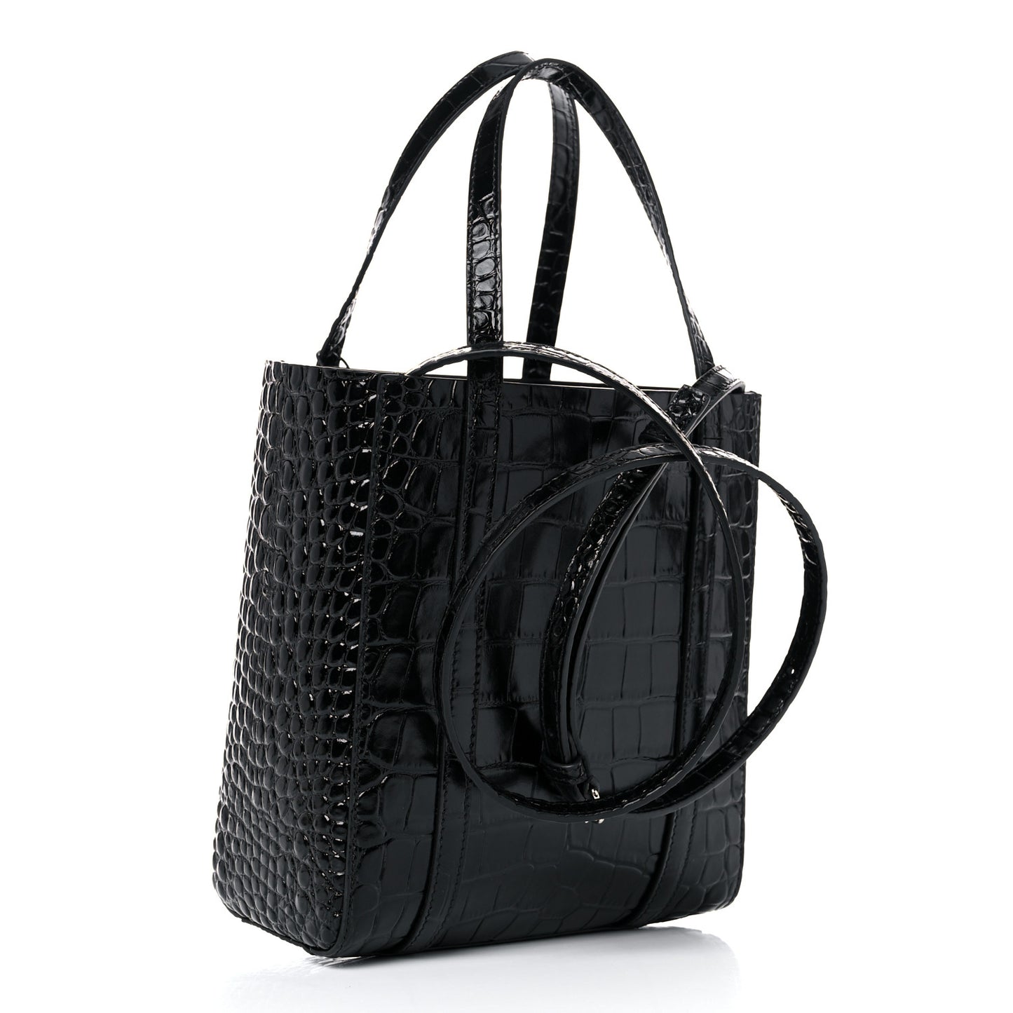 Shiny Calfskin Logo Crocodile Embossed XXS Everyday Tote Black