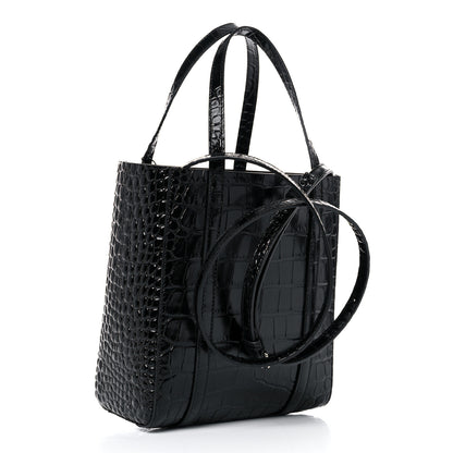 Balenciaga Shiny Calfskin Logo Crocodile Embossed XXS Everyday Tote Black 3 of 8