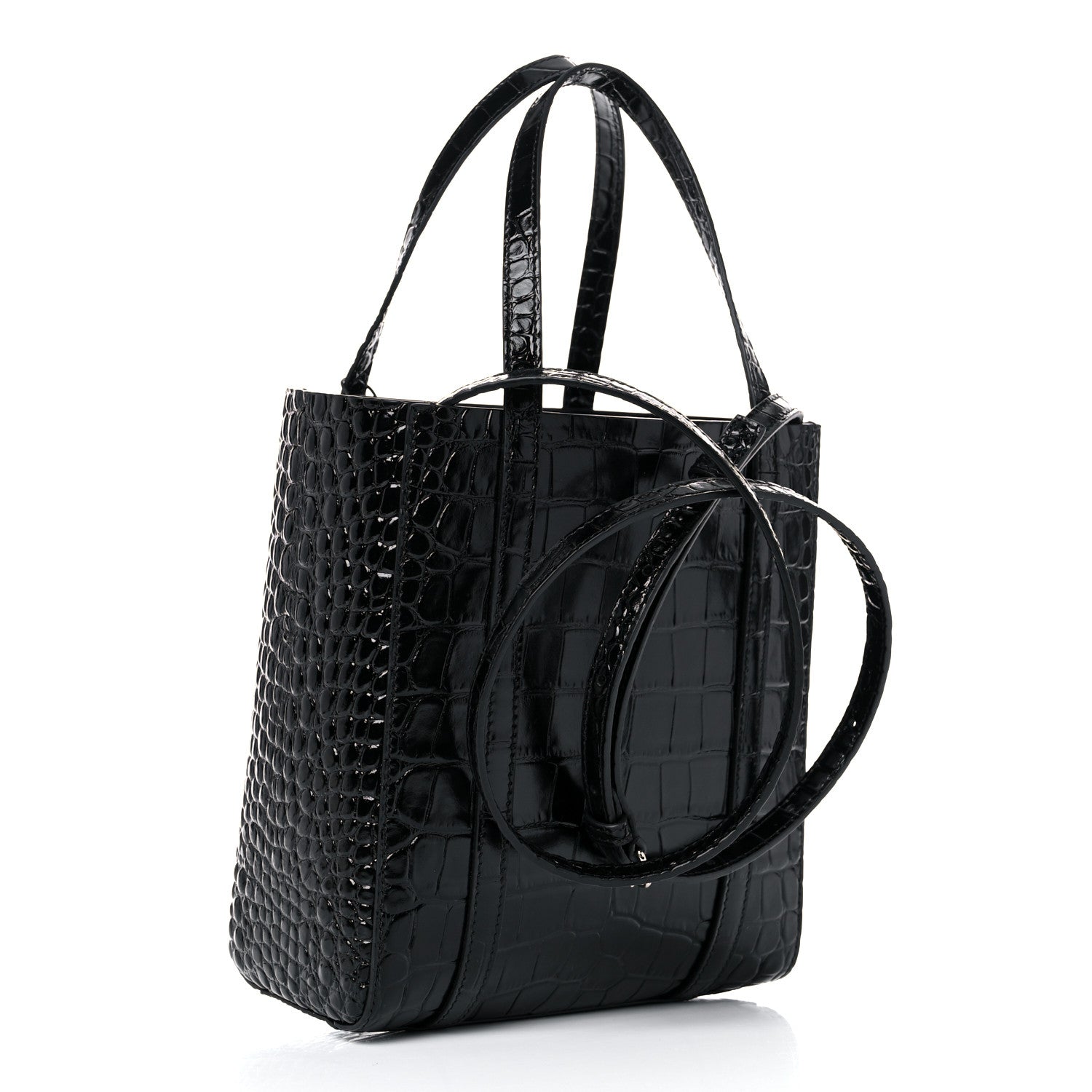 Balenciaga Shiny Calfskin Logo Crocodile Embossed XXS Everyday Tote Black 3 of 8