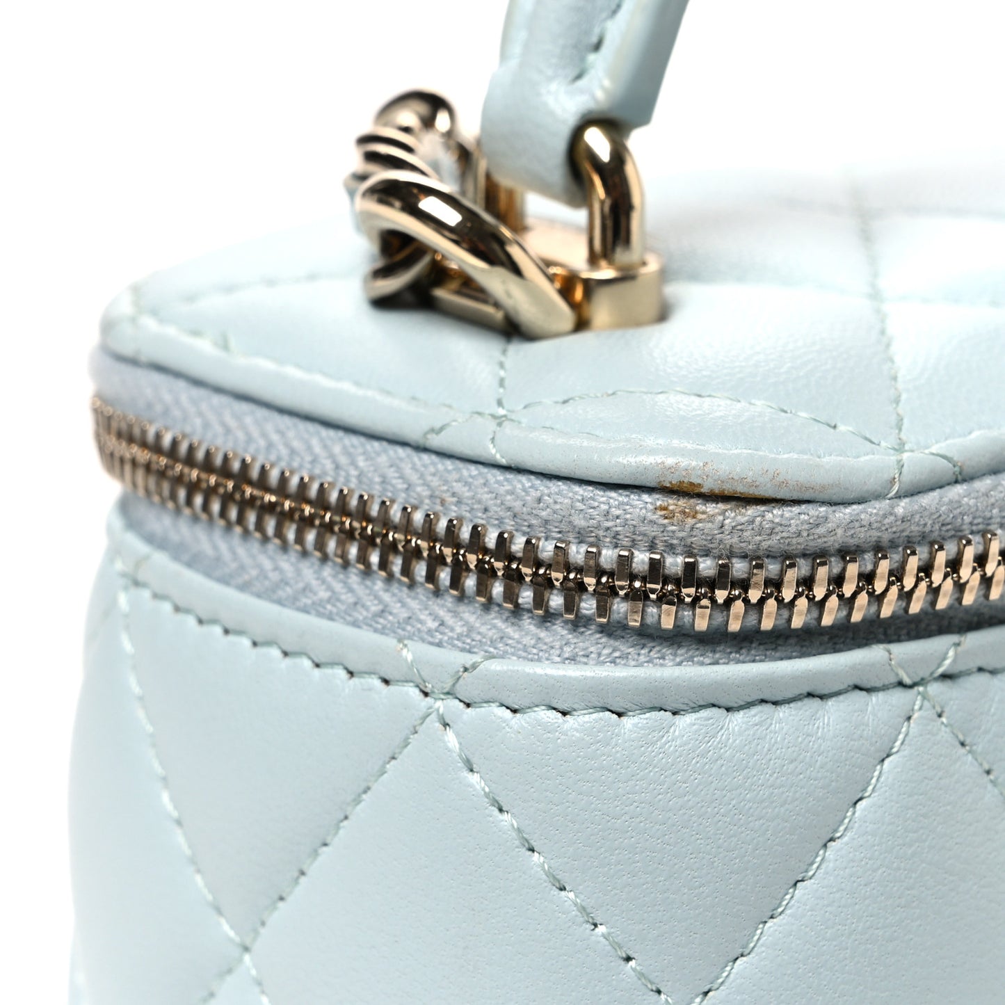 Lambskin Quilted Top Handle Mini Vanity Case With Chain Light Blue
