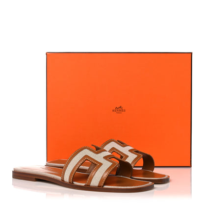 Hermes Calfskin Canvas Oran Sandals 39 Noisette Beige Dore 9 of 9