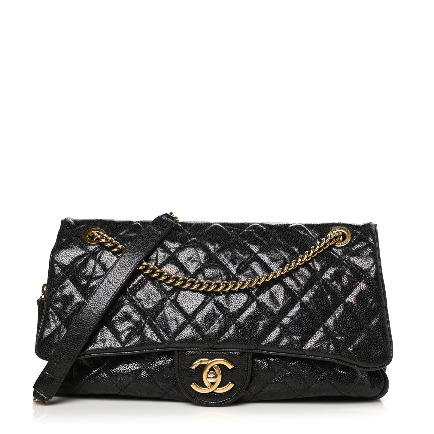 Crumpled Grained Calfskin Quilted Large Shiva Flap Black