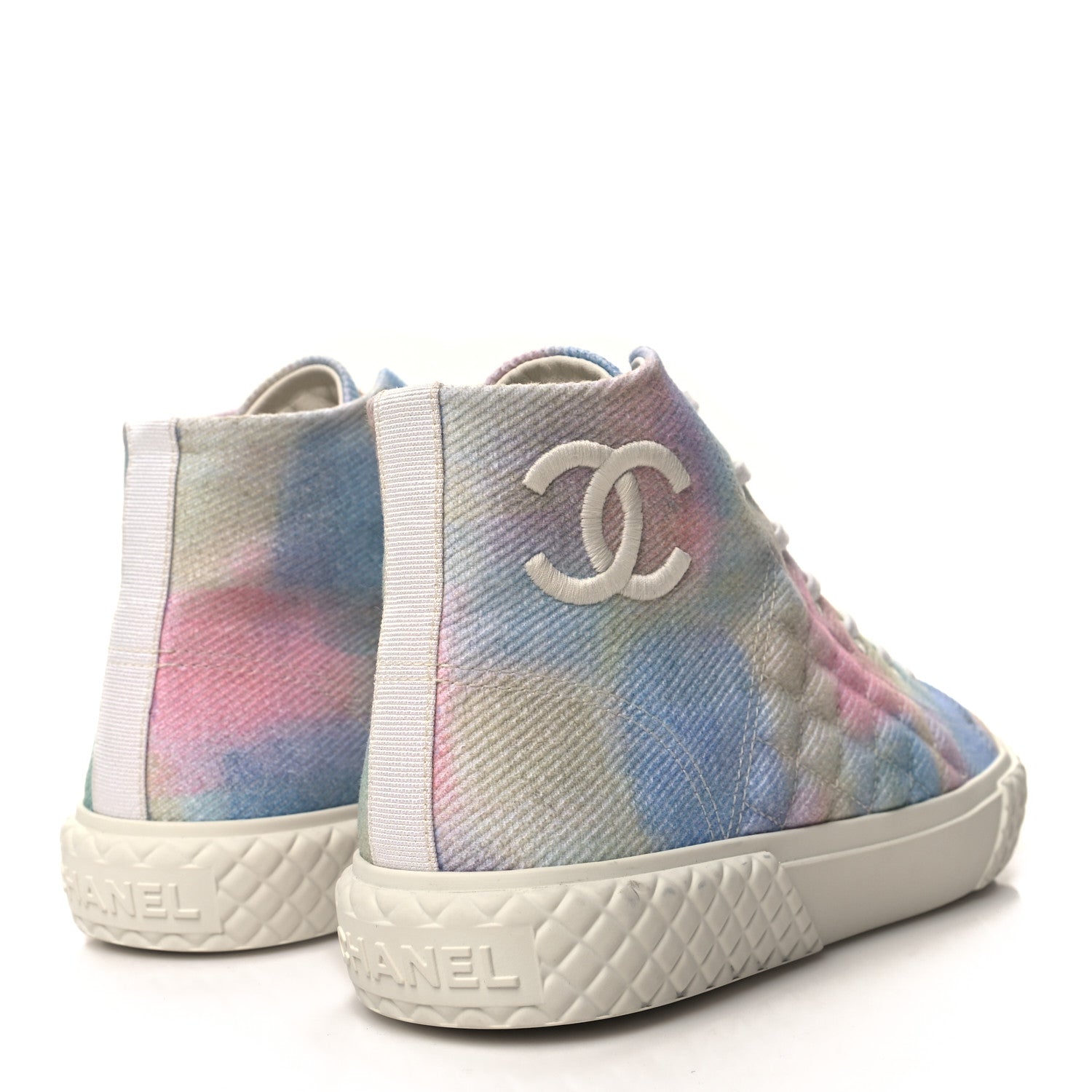 Chanel Printed Fabric Quilted High Top Sneakers 38.5 Green Pink Blue White 4 of 10