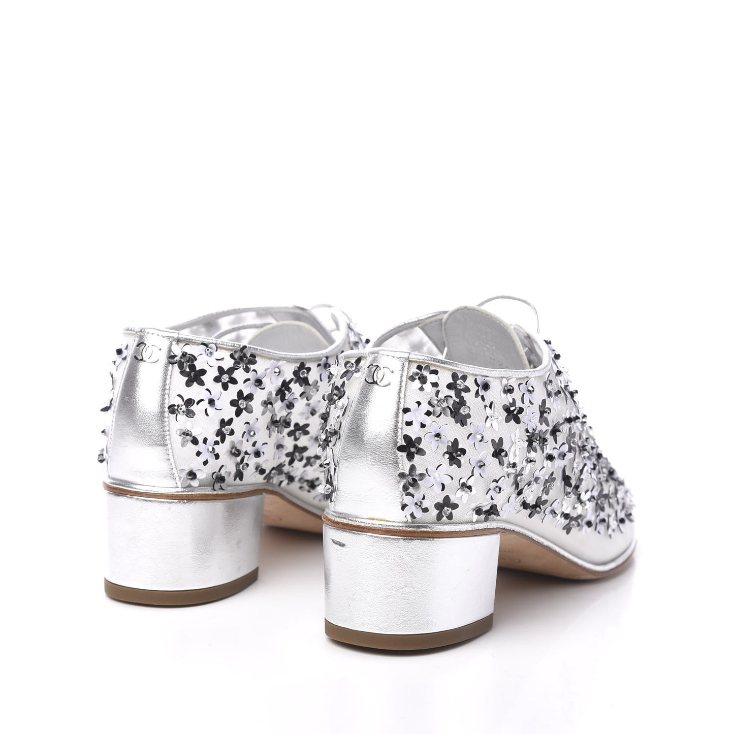 Mesh Sequin Flower Lace Up Loafers 37 Silver