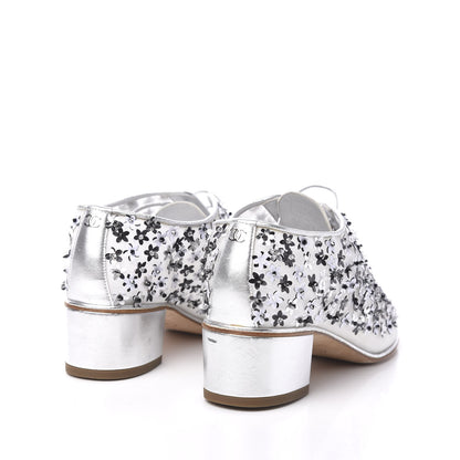 Chanel Mesh Sequin Flower Lace Up Loafers 37 Silver 4 of 9